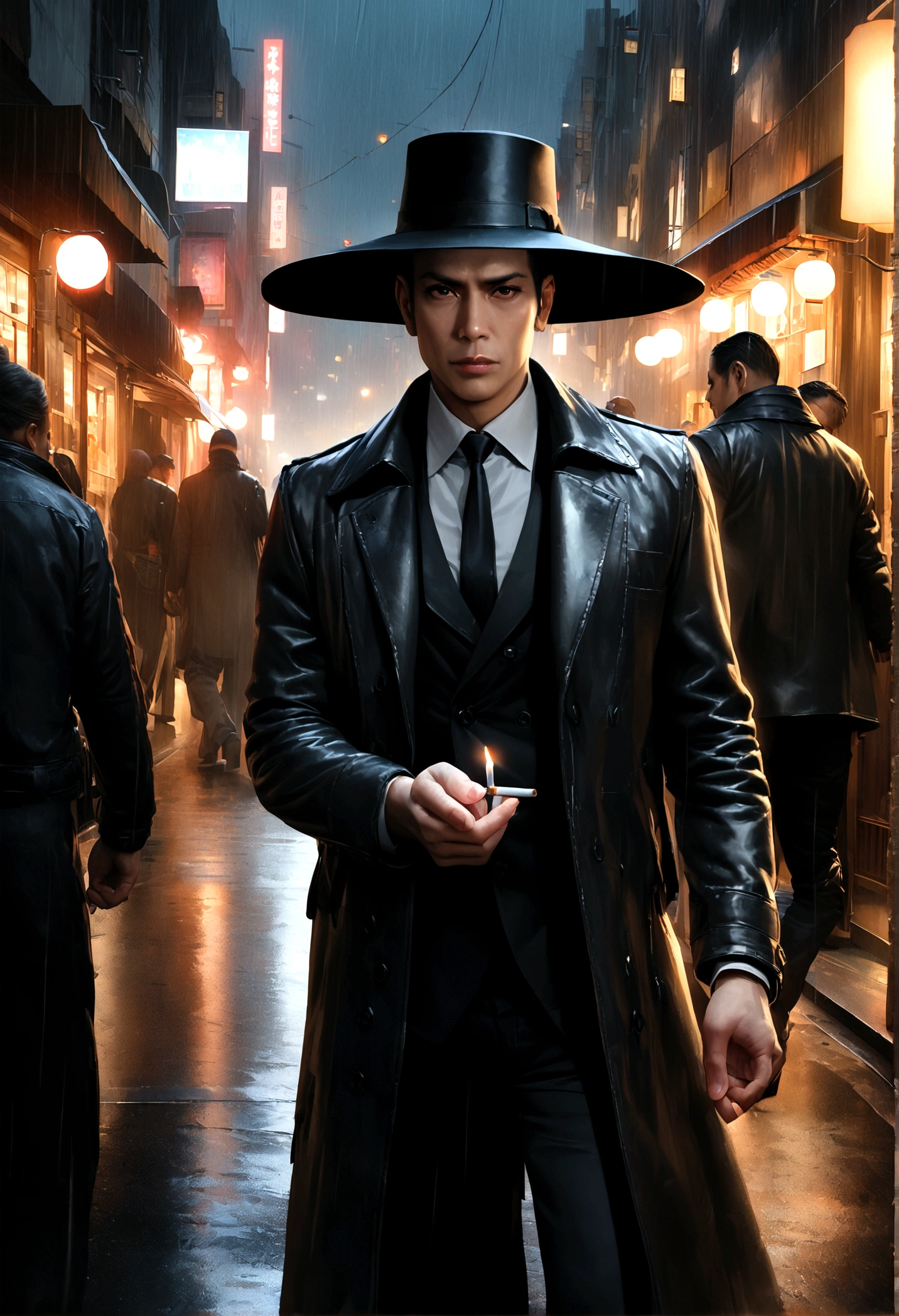 a yakuza member in a black trench coat, black felt wide rim hat, holding a lit cigarette, grim dark expression, walking on the sidewalk on a dreary tokyo night, light rain, street lamps, 4k, 8k, highres, masterpiece, realistic, photorealistic, photo-realistic, HDR, UHD, studio lighting, ultra-fine painting, sharp focus, physically-based rendering, extreme detail description, professional, vivid colors, bokeh, chiaroscuro, moody, atmospheric, cinematic, dramatic lighting