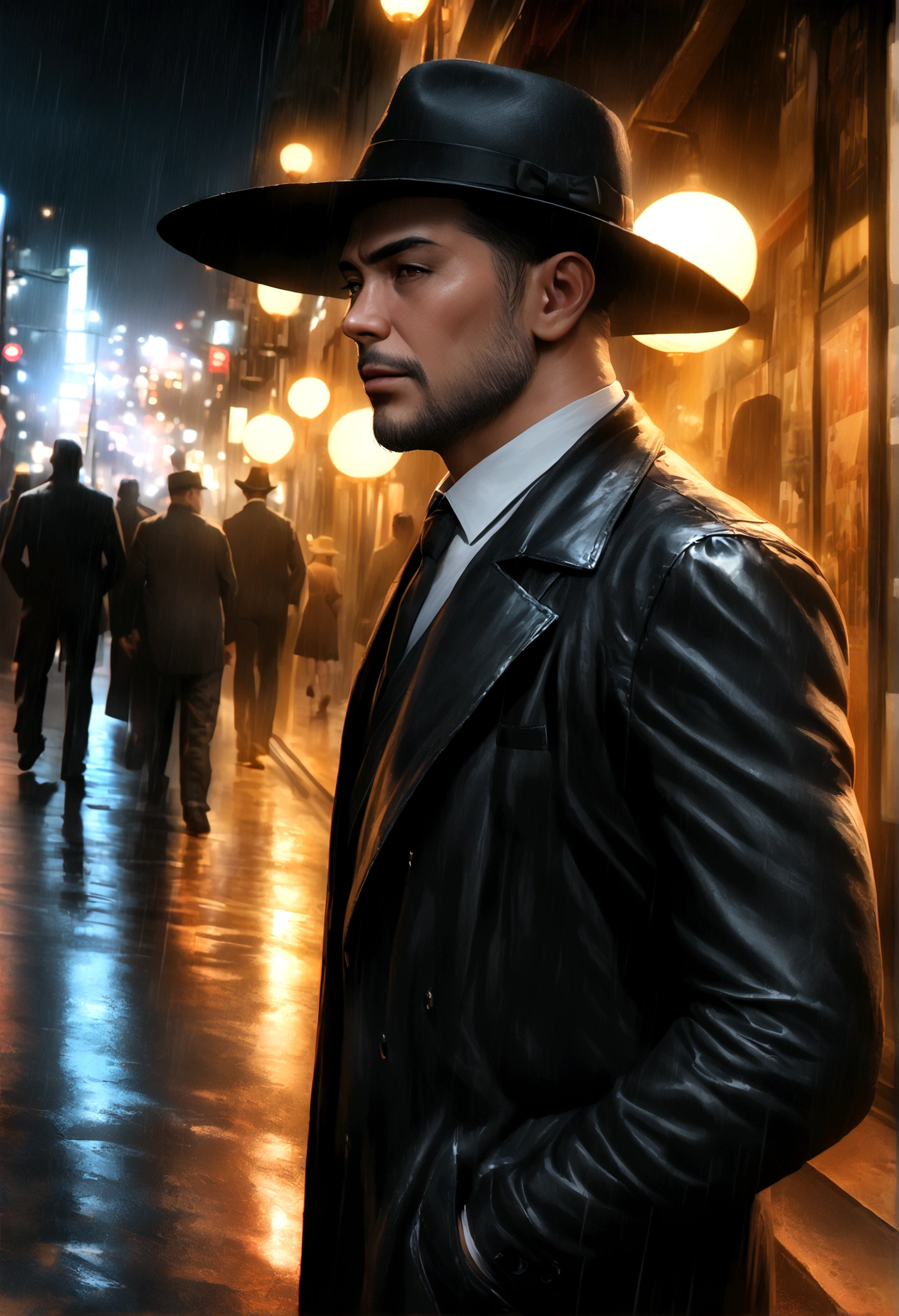 a yakuza member in a black trench coat, black felt wide rim hat, holding a lit cigarette, grim dark expression, walking on the sidewalk on a dreary tokyo night, light rain, street lamps, 4k, 8k, highres, masterpiece, realistic, photorealistic, photo-realistic, HDR, UHD, studio lighting, ultra-fine painting, sharp focus, physically-based rendering, extreme detail description, professional, vivid colors, bokeh, chiaroscuro, moody, atmospheric, cinematic, dramatic lighting
