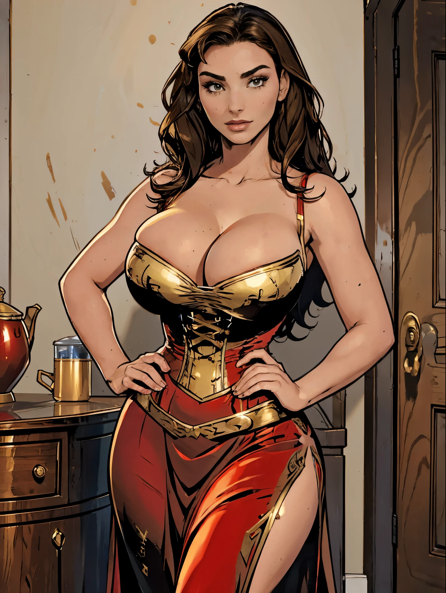 Gorgeous and sultry busty athletic (thin) brunette with sharp facial features and (huge boobs) wearing a red dress, corset, gold trim, sorceress attire