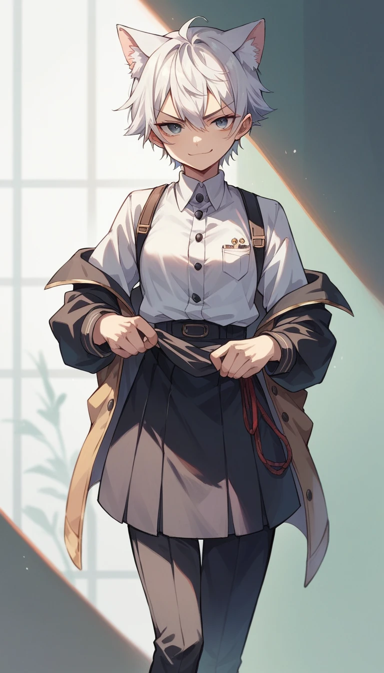 Anime-style drawing of a sleek white cat with Gojo's confident smirk, wearing a tiny Jujutsu sorcerer uniform, standing triumphantly atop a scratching post shaped like the Tokyo skyline