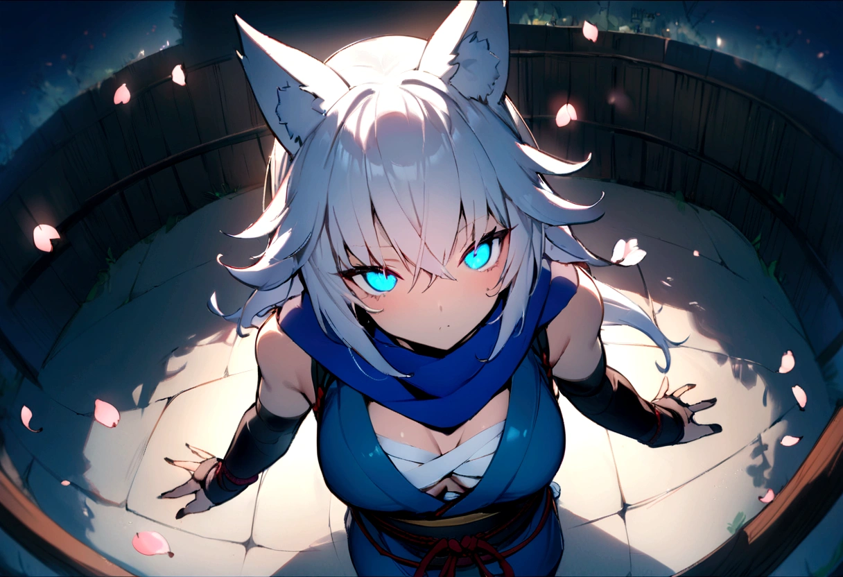 No sleeve、Bleaching、(masterpiece, best quality:1.2), 1girl, 独奏,Wolf girl, fox mask, ninja, girl, white hair, odd eyes, blue kimono, ninja girl, red and blue scarf,Dancing Cherry Blossoms, fantastic atmosphere.night、Shadows of light and darkness、Eyes glowing in the dark、Black fox mask、Fisheye Lens、hair、Bandage on chest、boy、Black fox mask、