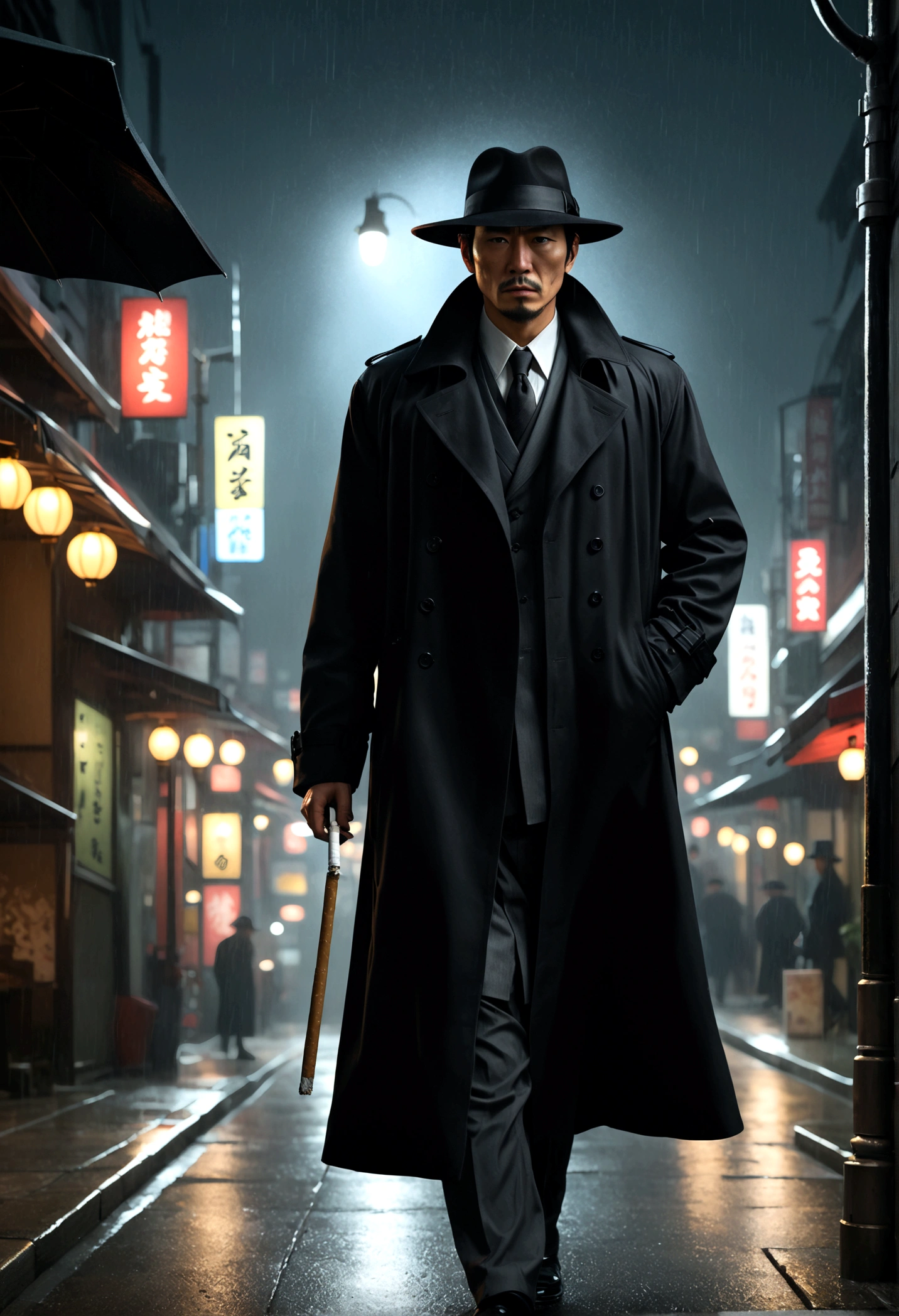 a yakuza member in a black trench coat, black felt wide rim hat, holding a lit cigarette, grim dark expression, walking on the sidewalk on a dreary tokyo night, light rain, street lamps, 4k, 8k, highres, masterpiece, realistic, photorealistic, photo-realistic, HDR, UHD, studio lighting, ultra-fine painting, sharp focus, physically-based rendering, extreme detail description, professional, vivid colors, bokeh, chiaroscuro, moody, atmospheric, cinematic, dramatic lighting
