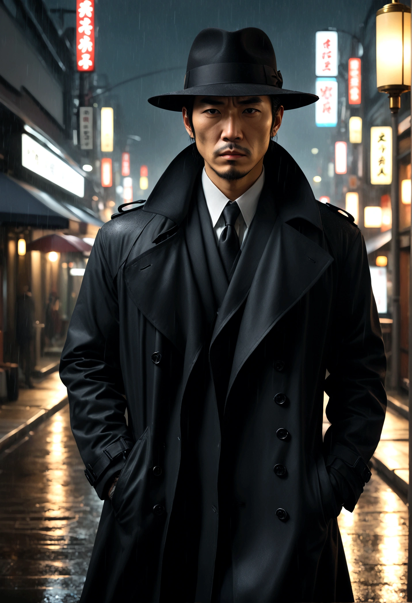 a yakuza member in a black trench coat, black felt wide rim hat, holding a lit cigarette, grim dark expression, walking on the sidewalk on a dreary tokyo night, light rain, street lamps, 4k, 8k, highres, masterpiece, realistic, photorealistic, photo-realistic, HDR, UHD, studio lighting, ultra-fine painting, sharp focus, physically-based rendering, extreme detail description, professional, vivid colors, bokeh, chiaroscuro, moody, atmospheric, cinematic, dramatic lighting
