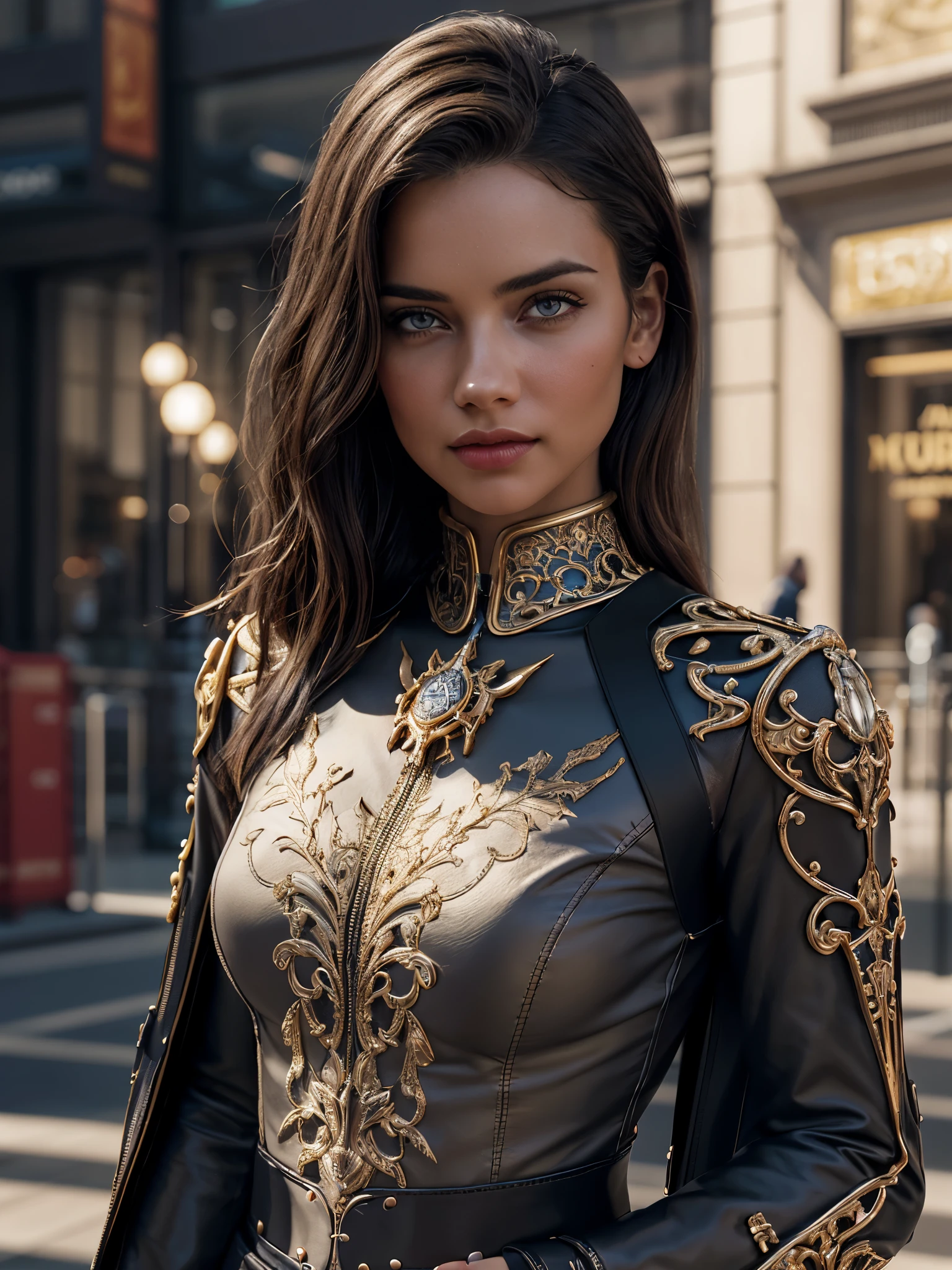 1girl, (full body:0.8), fashionable, stylish clothing, detailed face, looking at viewer, editorial photography, realistic, realism, detailed intricate futuristic badge, detailed metal texture, intricate ornate filigree, crytal glass, bright led lighting, emblem, ultra hd, 4k, 8k, (red emblem:1.4),