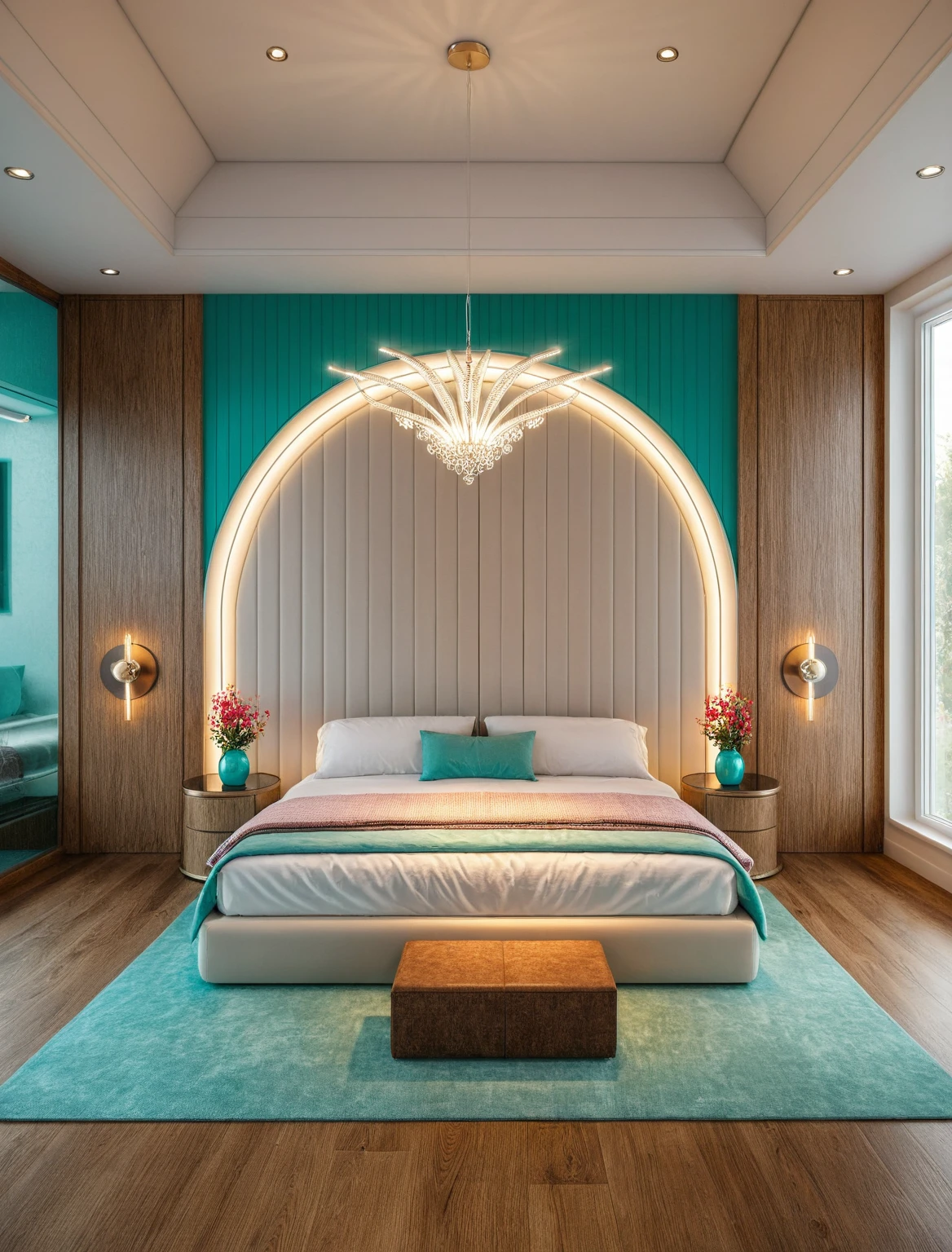 Raw photo,Masterpiece, high quality, best quality, authentic, super detail, interior, ((girl's bedroom)), ((style modern), sunset, day light, bed, carpet, curves, bedside cabinets, wood floor ,wardrobe, led, flower vase, butterfly chandelier , windows, downlight, ((turquoise tones))
