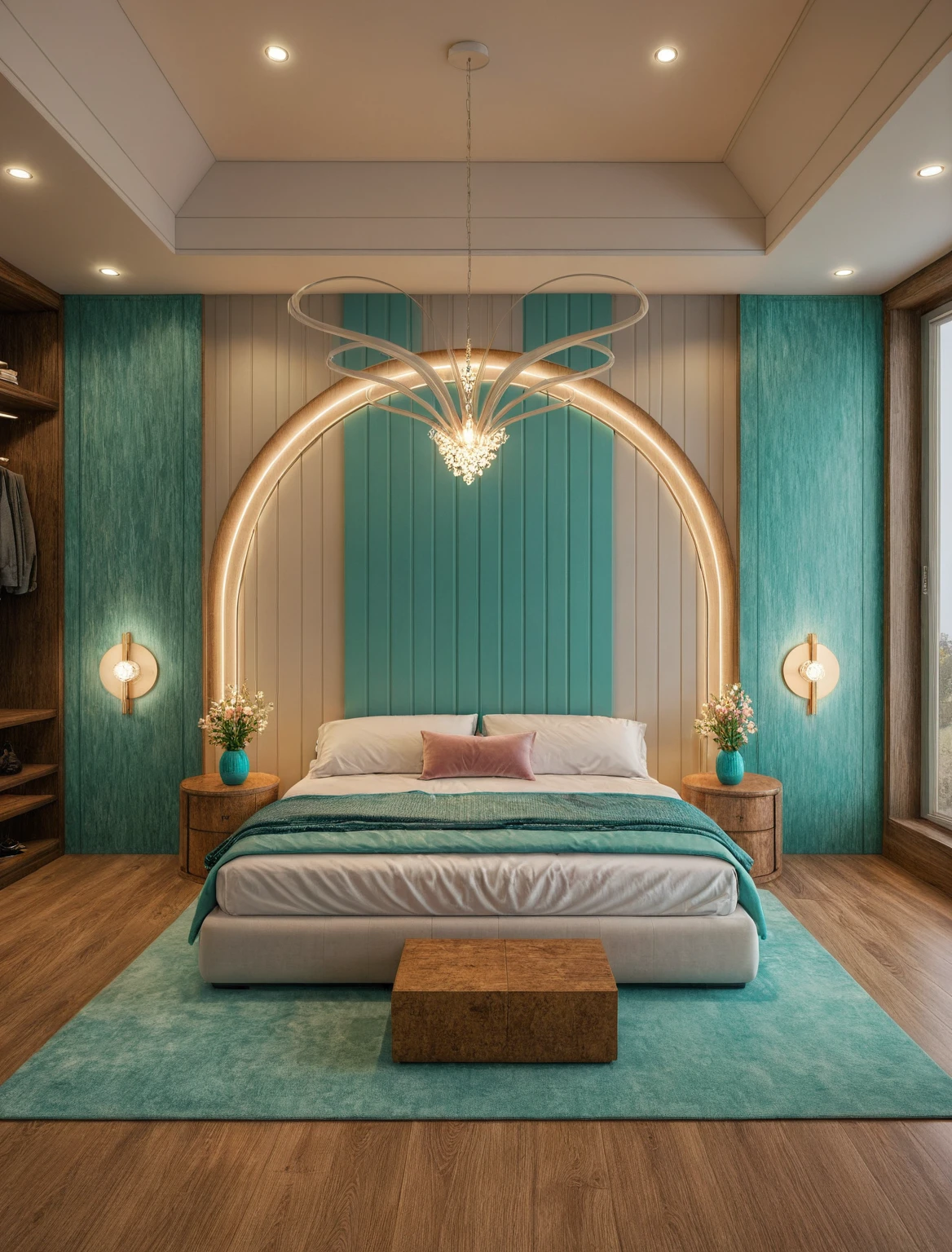 Raw photo,Masterpiece, high quality, best quality, authentic, super detail, interior, ((girl's bedroom)), ((style modern), sunset, day light, bed, carpet, curves, bedside cabinets, wood floor ,wardrobe, led, flower vase, butterfly chandelier , windows, downlight, ((turquoise tones))