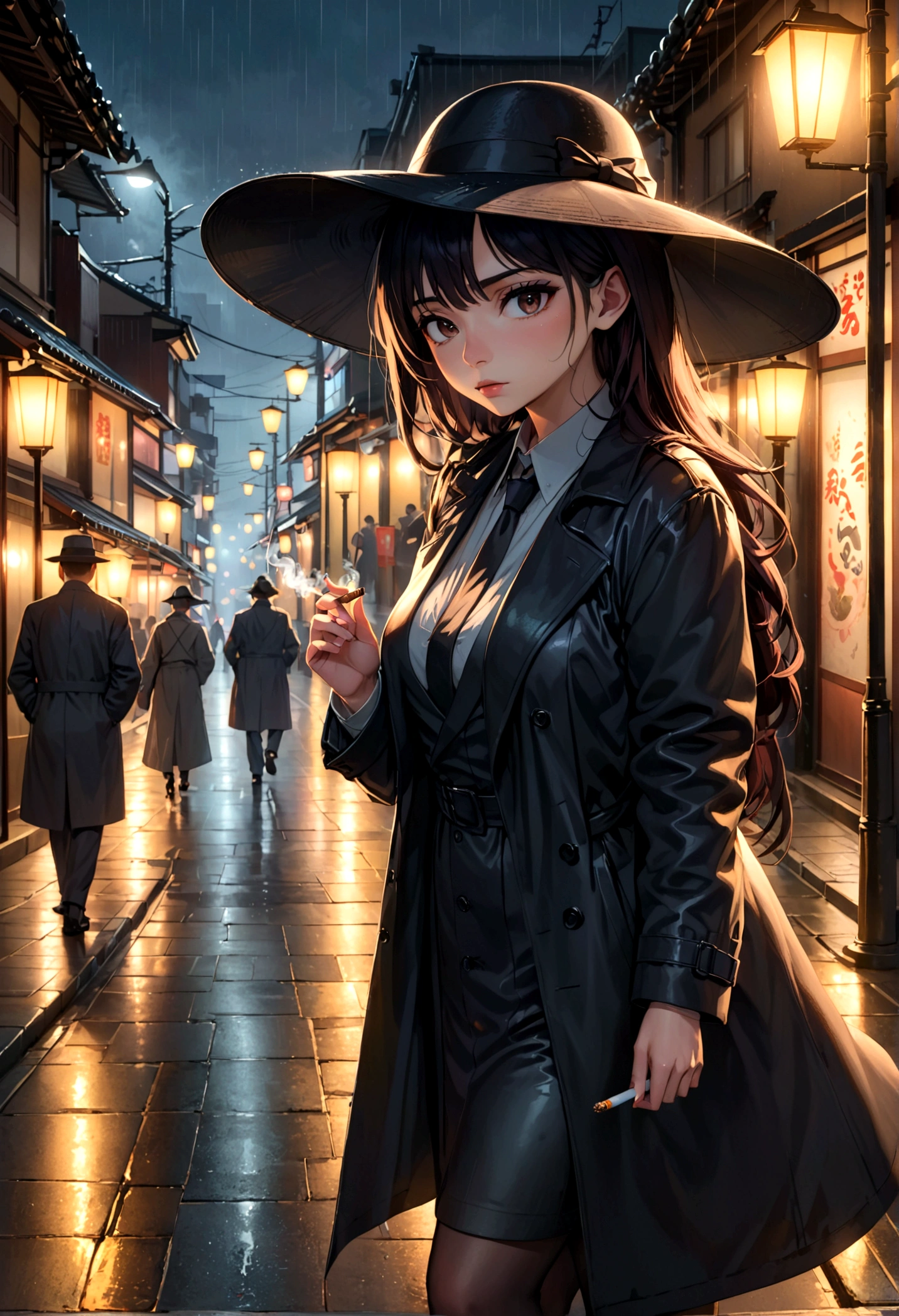 a yakuza member in a black trench coat, black felt wide rim hat, holding a lit cigarette, grim dark expression, walking on the sidewalk on a dreary tokyo night, light rain, street lamps, 4k, 8k, highres, masterpiece, realistic, photorealistic, photo-realistic, HDR, UHD, studio lighting, ultra-fine painting, sharp focus, physically-based rendering, extreme detail description, professional, vivid colors, bokeh, chiaroscuro, moody, atmospheric, cinematic, dramatic lighting
