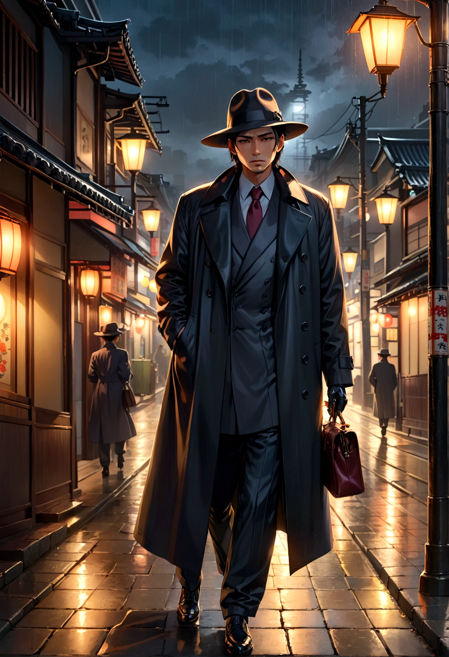 a yakuza member in a black trench coat, black felt wide rim hat, holding a lit cigarette, grim dark expression, walking on the sidewalk on a dreary tokyo night, light rain, street lamps, 4k, 8k, highres, masterpiece, realistic, photorealistic, photo-realistic, HDR, UHD, studio lighting, ultra-fine painting, sharp focus, physically-based rendering, extreme detail description, professional, vivid colors, bokeh, chiaroscuro, moody, atmospheric, cinematic, dramatic lighting
