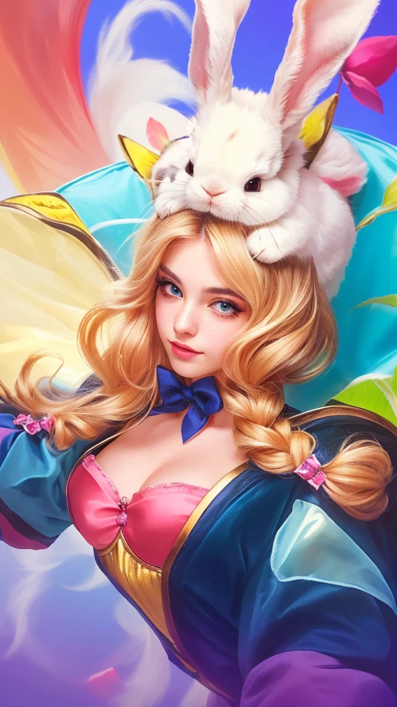 a close up of a woman with a bunny on her head, beautiful detailed eyes, beautiful detailed lips, extremely detailed eyes and face, long eyelashes, blonde hair, rabbit, animal, cute, nature, portrait, photorealistic, 8k, highres, masterpiece, best quality, ultra-detailed