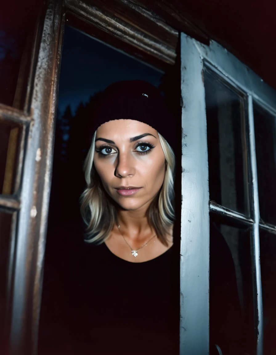 very dark focused flash photo of found footage of a female thief in black sweater and a beanie staring at the camera with lost look from behind the window of a dark bedroom at night with a dark forest in the background