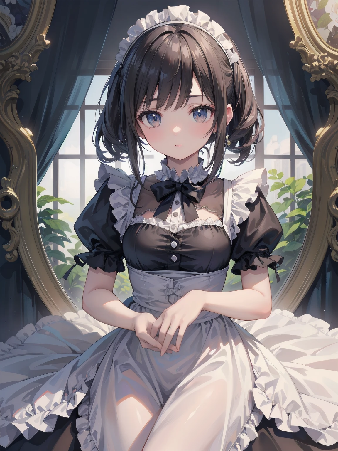 (Highest quality、16K、masterpiece、Ultra-high resolution、Victorian era、Photorealistic:1.2)、Maid Lady、solo、One person、Beautiful and detailed、２０２Perfectly detailed illustrations created by master anime illustrators of the 4th generation、Cool Beauty、Heroine&#39;s Attributes、Artistic shading、Perfect Face、Detailed portrait、Dynamic angle shooting by Spielberg、Audrey Hepburn&#39;s acting instruction: Dynamic poses

