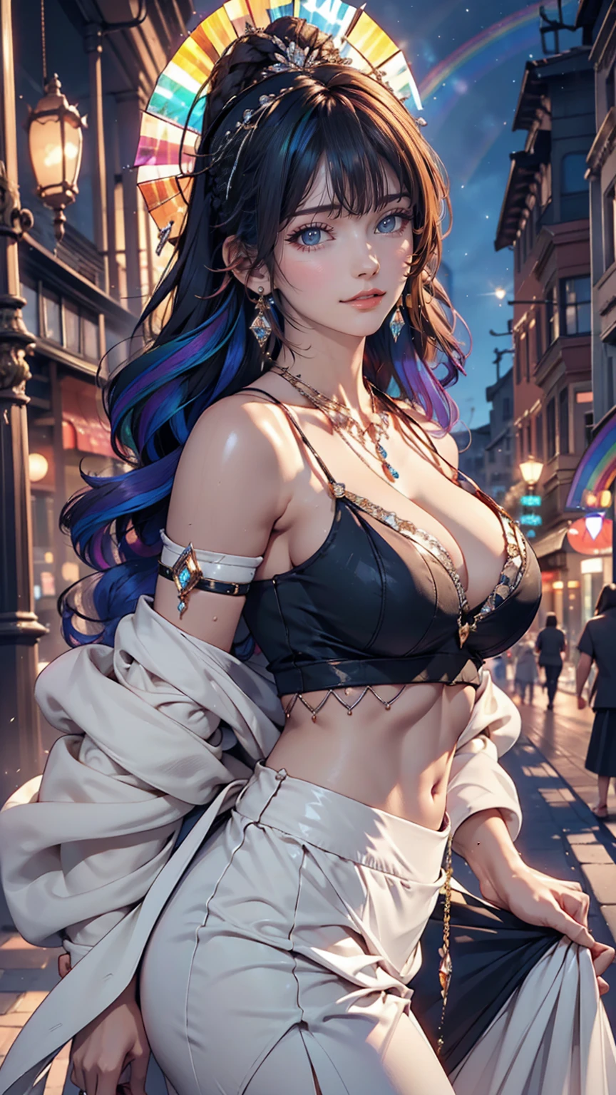 24-year-old female、Sexy proportions、Sexy、Narrow waist、Wear jewellery on your wrist、Attach a necklace、Wear platform sandals、Side Tail((side drill))、Crystal Earrings((crystal earrings))、A seductive smile((seductive smile))、Headpiece((hair ornament))、Rainbow Hair((rainbow hair))、erotic、Cleavage Emphasis、Wear off-the-shoulder tops、I can see my belly button、Lower milk visible、Wear low rise leggings、Wear platform sandals、Walk through the downtown area at night、sexy pose