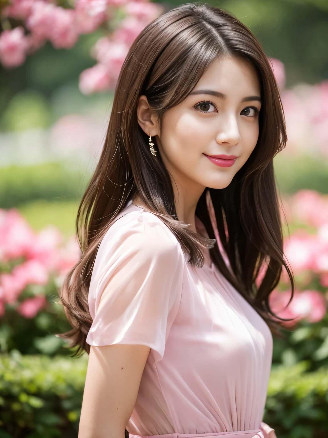 (RAW Photos), (Photo Real), (masterpiece), (Highest quality), High resolution, 8K resolution, (Intricate details), (Volumetric Light), Portraiture, woman, 30 years old, Long Hair, Layered Hair, Brown Hair, Highly detailed eyes, Source order, Very thin eyebrows, Highly detailed skin, Normal bust size, Highly detailed mouth, Highly detailed nose, Cute like an idol, smile, ((Pink lipstick)), ((Look at the viewers)), (An elegant and transparent red see-through short-sleeved dress), Turning around posture, ((Randomly oriented bodies)), Green park background,
