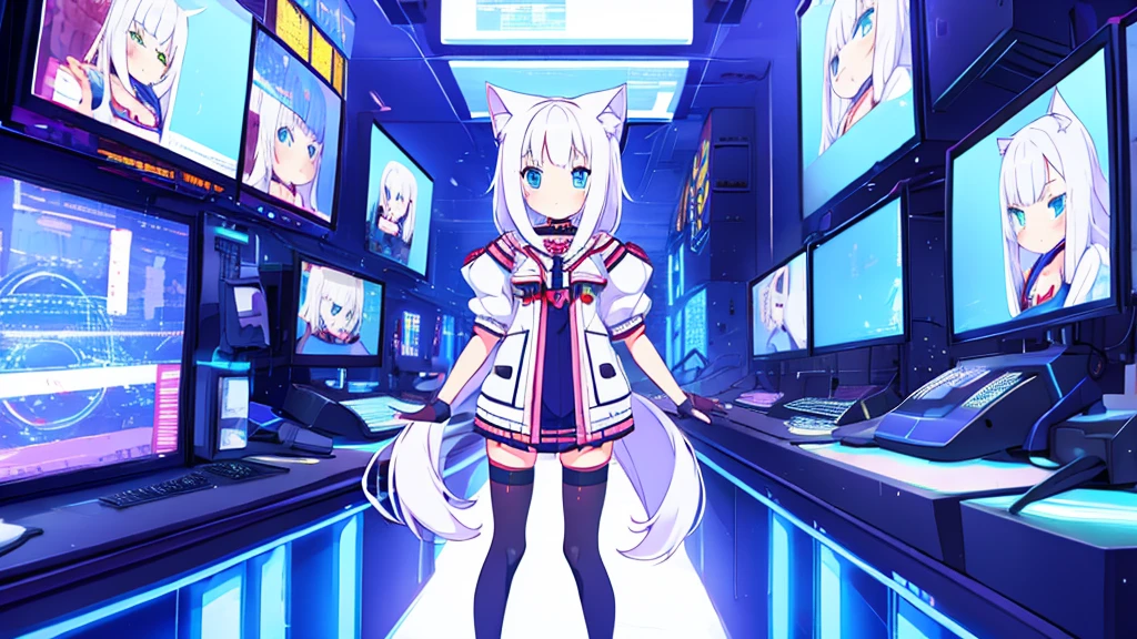 1 beautiful girl, great image quality ,nekomimi, with lots of detail, ray tracing, in a gaming,outfit anime, long stockings, blue eyes, white hair, , in a cyberpunk , perfect anatomy, 