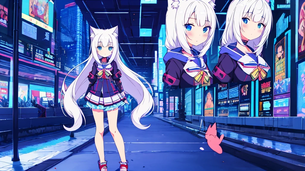 1 beautiful girl, great image quality ,nekomimi, with lots of detail, ray tracing, in a gaming,outfit anime, long stockings, blue eyes, white hair, , in a cyberpunk , perfect anatomy, 
