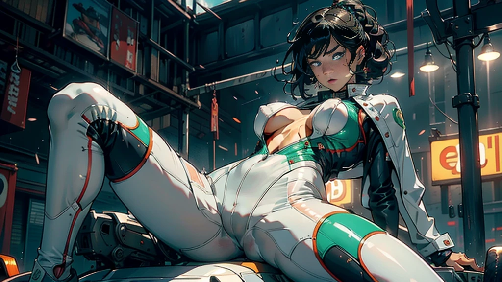 1female,41 years old,MILF,A MILF,mature,plumw,extremely large bosom ,Pornographic exposure, solo,(Background with:stadium) She has short green hair,bobo head,Station,seen from the front, hair straight, mostly cloudy sky,(((tmasterpiece),(Very detailed CG unity 8K wallpaper),best qualtiy,cinmatic lighting,detailed back ground,beatiful detailed eyes,Bright pupils,(Very fine and beautiful),(Beautiful and detailed eye description),ultra - detailed,tmasterpiece,)),facing at camera,A high resolution,ultra - detailed),revealing breasts,Bare genitals, Bulge,legs are open,Raised sexy,Camel toes,Flushed complexion,Open-mouthed,frontage, racer, sitting on the car,(Wearing:Track and field suits,White pantyhose,Black and green color scheme)racer uniform armor, (((under boobs)))
