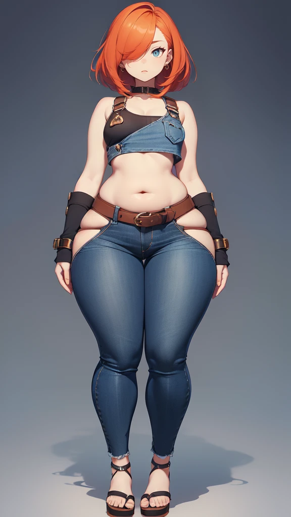 blank background, (((full body))), (masterpiece), ((best quality)), (very short girl), ((flat chest)), hair over one eye, (wide hips:1.4), ((thick thighs:1.4)), (blue jeans), sandals, belt below navel, fanny packs, ginger hair, from behind