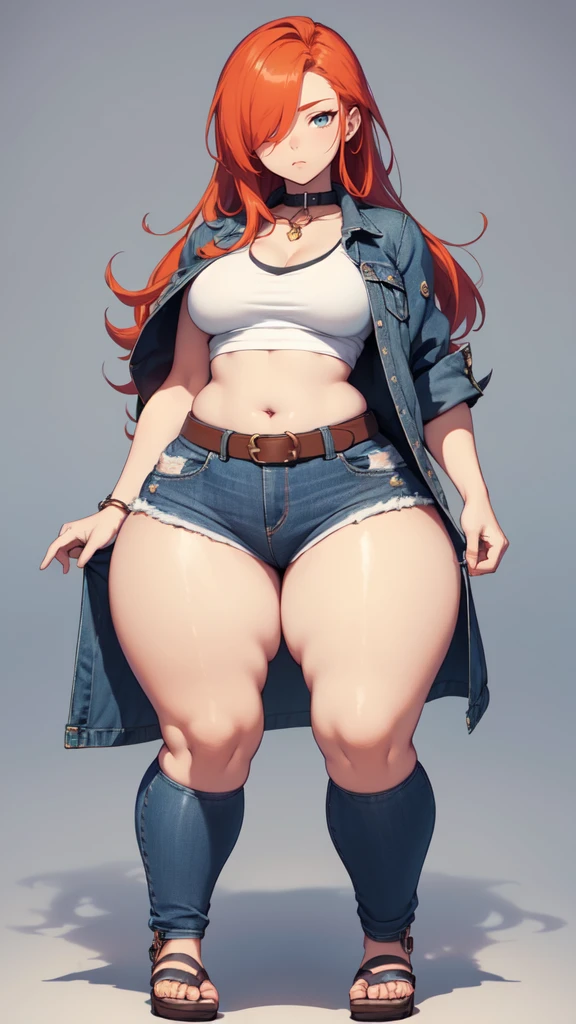 blank background, (((full body))), (masterpiece), ((best quality)), (very short girl), ((flat chest)), hair over one eye, (wide hips:1.4), ((thick thighs:1.4)), (blue jeans), sandals, belt below navel, fanny packs, ginger hair, from behind