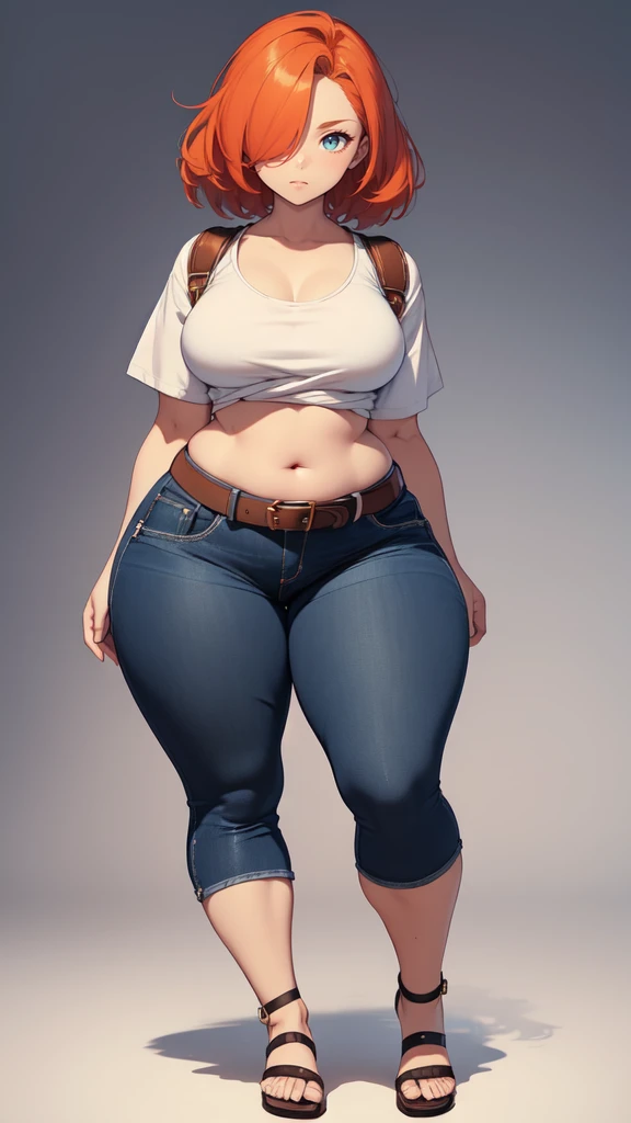 blank background, (((full body))), (masterpiece), ((best quality)), (very short girl), ((flat chest)), hair over one eye, (wide hips:1.4), ((thick thighs:1.4)), (blue jeans), sandals, belt below navel, fanny packs, ginger hair, from behind