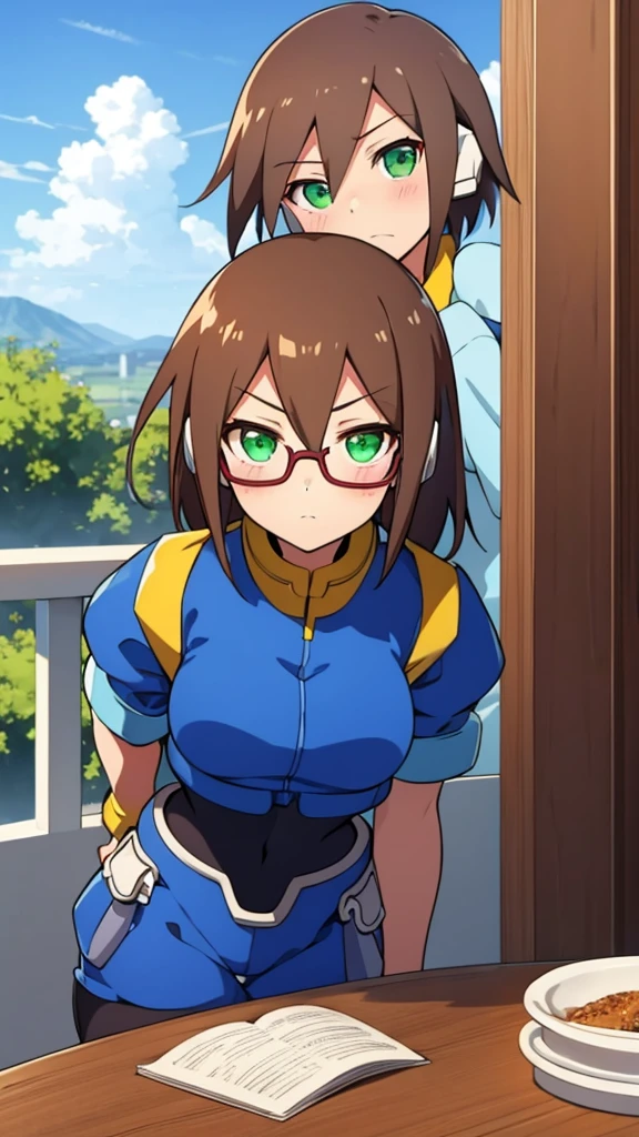 Aile_Megamanzx, 1 Girl, looking at viewer, Brown hair, Green eyes, Sky background , Blushed , Leaning on a table , Glasses , gaming clothes, gaming headphones, Cat Cosplay, black micro bikini