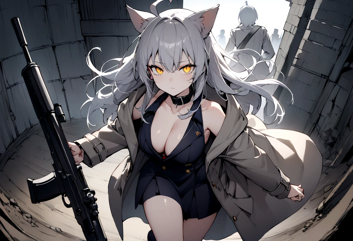 Black collar、(masterpiece, best quality:1.2), 1girl, 独奏,Black military uniform、Gray cat ears、Point your gun at us、Grey long hair、Ahoge、Yellow Eyes、Grey trench coat、Gray cat ears、I took off my hoodie and put it on my shoulder、Ready your gun?、sniper rifle、Background of military bases、Fisheye Lens、battlefield、Shadows of light and darkness、Expressionless、Grim face、battle、Gray trench coat、Black knee socks、Cleavage、Black collar,