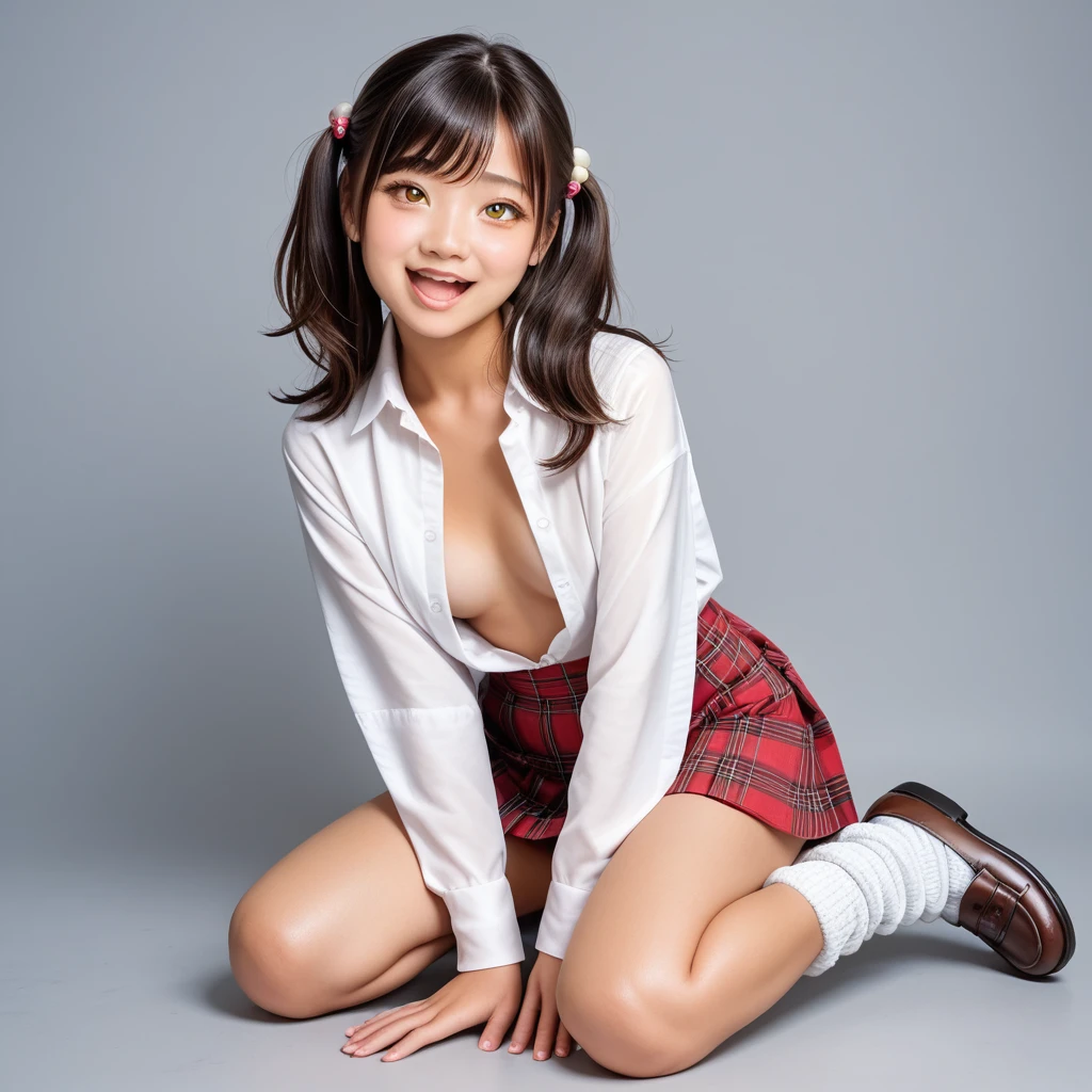 (1girl, sharp focus solo), (full body portrait image:1.4), (Masterpiece, Super photo realistic, Super details, Super Highest Quality, Super Highest photo realistic), super cute and beautiful girl, (erotic atmosphere:1.3), You are a professional photographer Photographing my girlfriend, Very Japanese gal, Wearing plaid pleat mini skirt, False eyelashes, Pearl pink glossy lips, Unbuttoned white shirt, (kawaii erotic girl:1.3), (yellow eyes:1.4), round chest, (Wider at the hem flabby large in size Super Loose Socks:1.4), (loafer), (An innocent -yeld cuJapanese girl:1.4), (skin fang:1.4), Very happy smile, Extremely Realistic, open mouth, half close eyes, slim waist, open front shirt, (tanned skins:1.4), slim beautiful legs), a girls incoming, black pupils, dark brown color hair style, high school gal, (torogao:1.4), big eyes, open mouth, dark brown hair color, two side up hair style, hair pin, (cute Asian gal:1.4), (wide stans legs standding:1.4), white bangs,