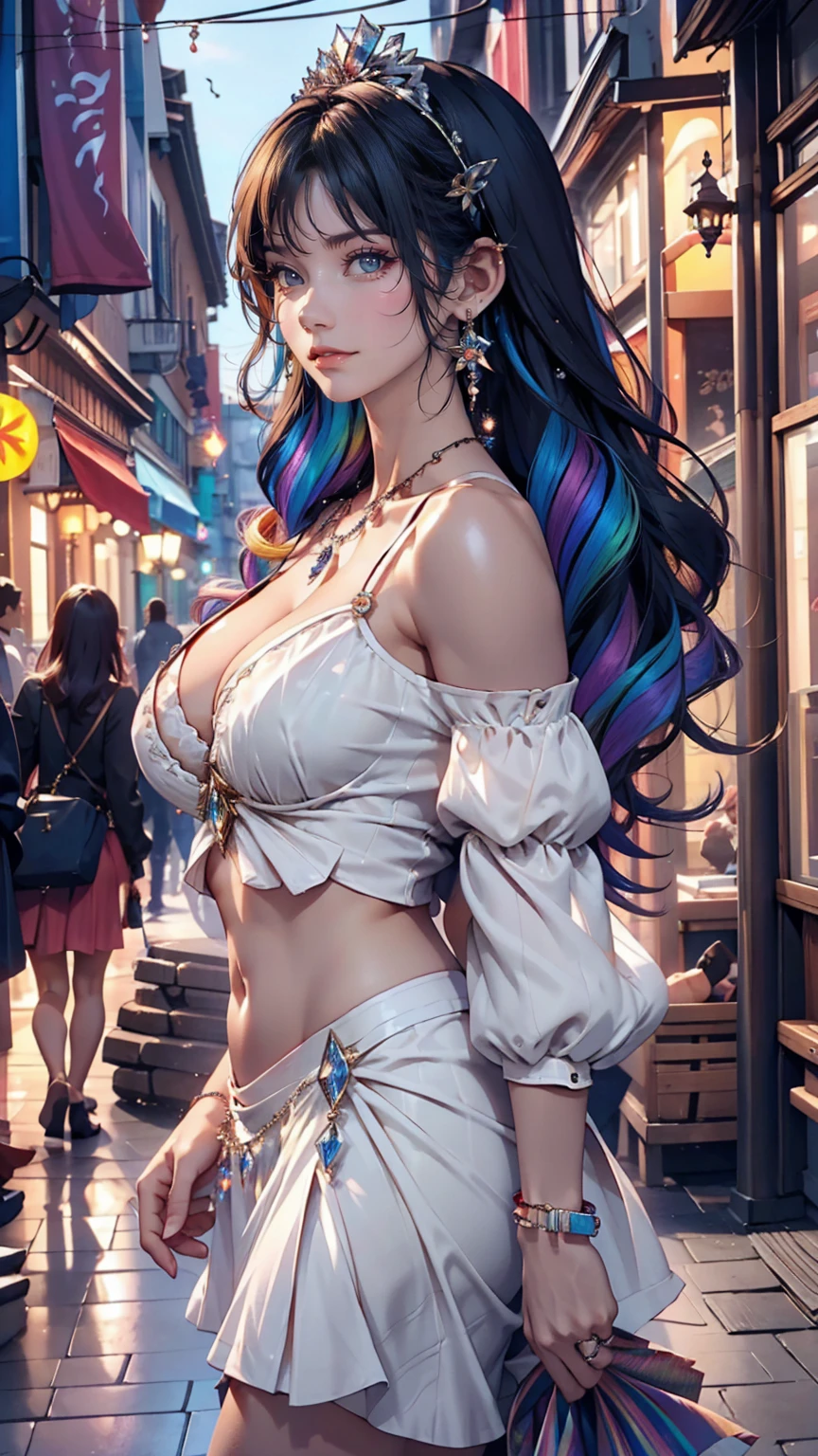 24-year-old female、Sexy proportions、Sexy、Narrow waist、Wear jewellery on your wrist、Attach a necklace、Wear platform sandals、Side Tail((side drill))、Crystal Earrings((crystal earrings))、A seductive smile((seductive smile))、Headpiece((hair ornament))、Rainbow Hair((rainbow hair))、erotic、Cleavage Emphasis、Wear off-the-shoulder tops、I can see my belly button、Lower milk visible、Wear a short, low-rise skirt、Wear platform sandals、Walk through the downtown area at night、sexy pose