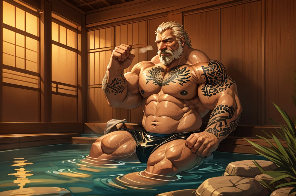 An old man soaking in an onsen, half submerged, (huge muscular), (yakuza tattoo), (full body tattoo+), detailed muscles, 8k, masterpiece:1.2, hyperrealistic, highly detailed full body, floating steam, rich colors, serene atmosphere, traditional Japanese setting, wooden hot spring, soft ambient lighting, wrinkled skin, tranquil expression, reflective water, peaceful relaxation