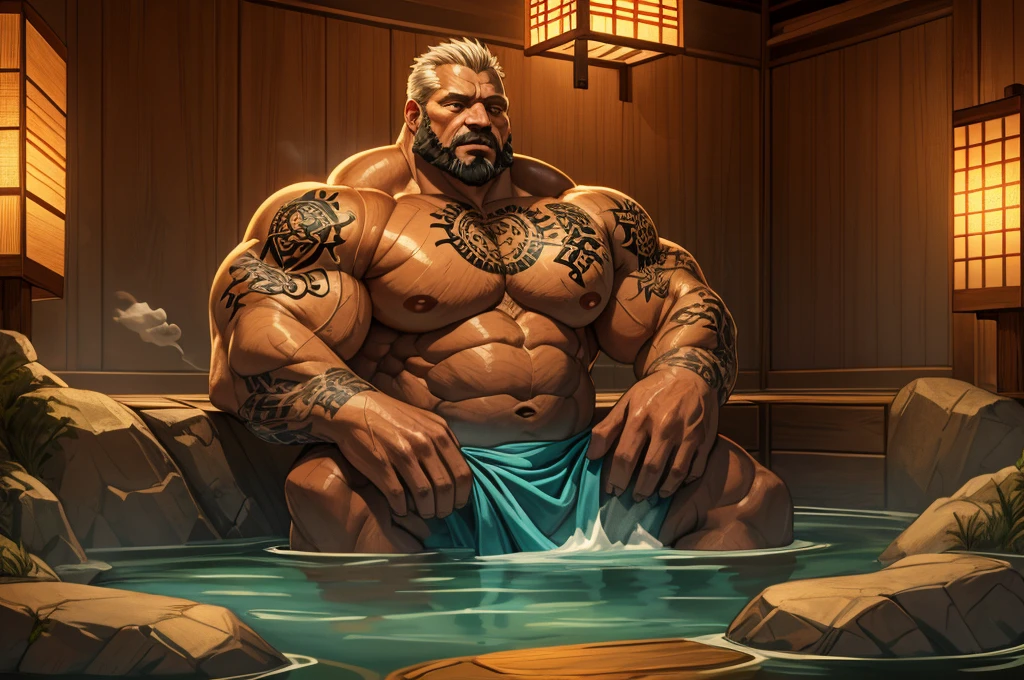 An old man soaking in an onsen, half submerged, (huge muscular), (yakuza tattoo), (full body tattoo+), detailed muscles, 8k, masterpiece:1.2, hyperrealistic, highly detailed full body, floating steam, rich colors, serene atmosphere, traditional Japanese setting, wooden hot spring, soft ambient lighting, wrinkled skin, tranquil expression, reflective water, peaceful relaxation