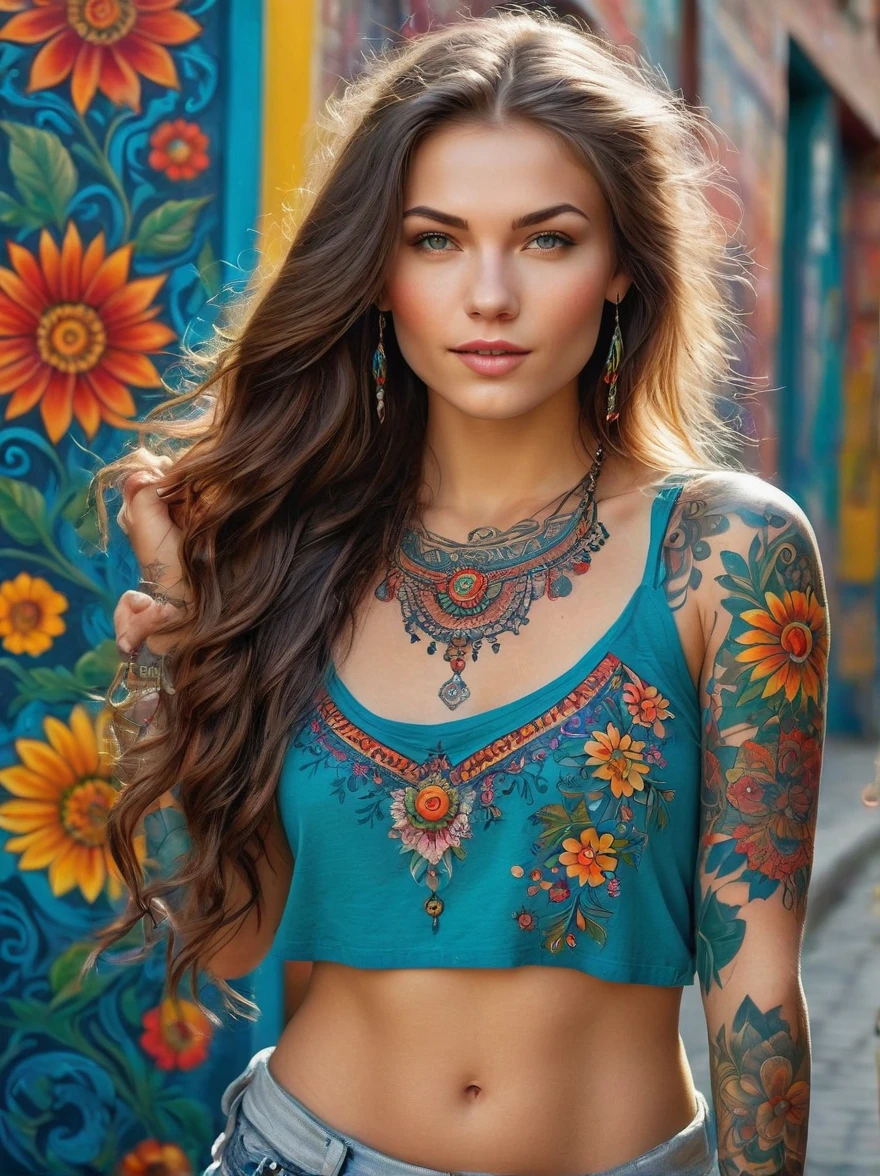 (Rebellious Ukrainian girl),Brightly colored tattoos on arms and legible raised finger:1.3),provocative gestures,long flowing hair,The happy expression is bold and bright should be surrounded by intricate,Detailed flowers and mandalas,anatomically correcte, texturized skin, In front of an urban background,Add whimsy to the scene, To enhance the sharpness and modernity of the scene,Sharp lines,Bold stroke numbers