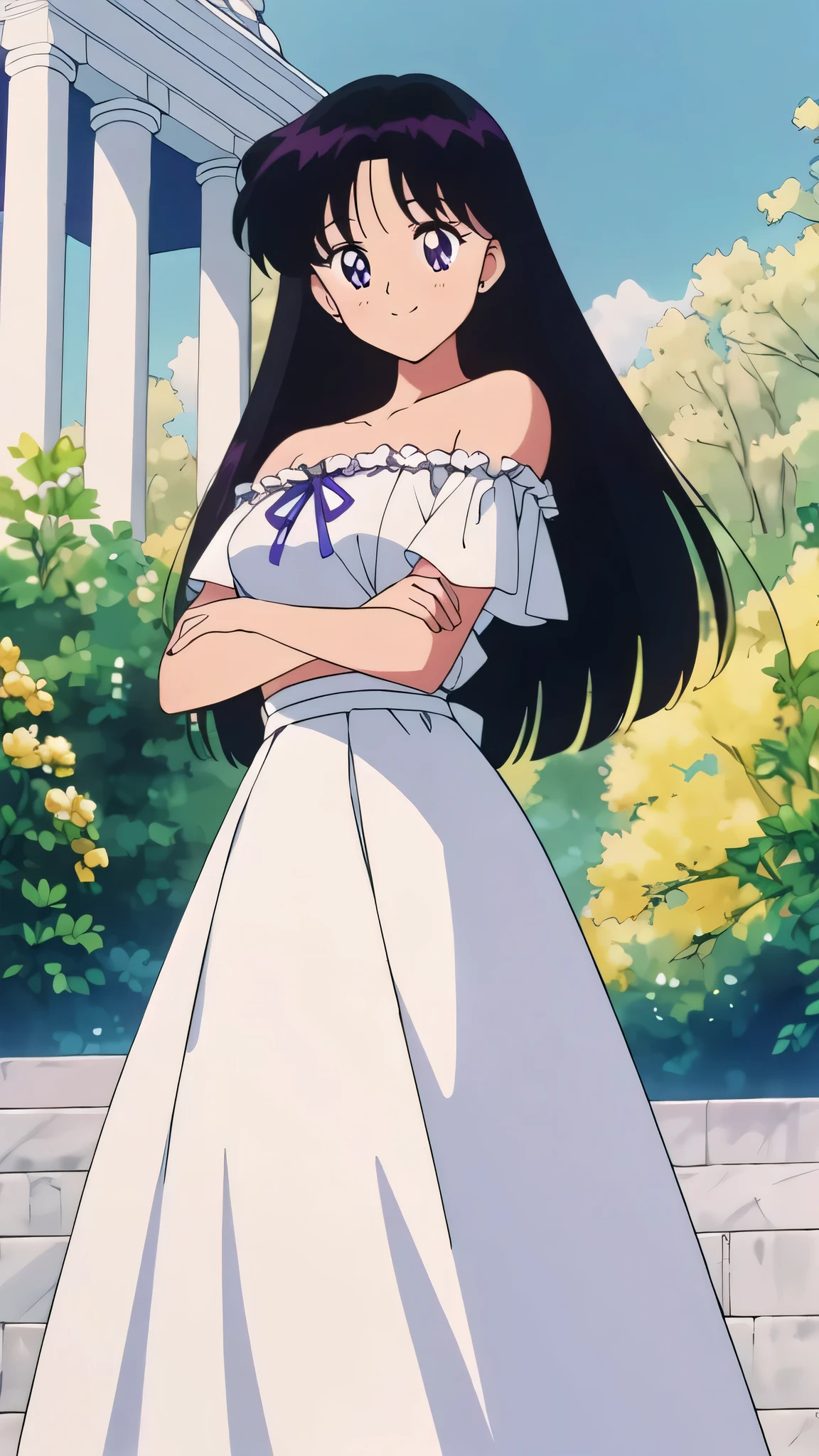 (retro anime girl:1.2), (white dress:1.1), (masterpiece:1.2), (best quality), (ultra detailed), (8k,4k), (half body:1.2), (cowboy:1.2), (close up:1.2), (highly detailed:1.2), (Ruffle Off-the-shoulder top:1.4), (Maxi skirt:1.4), Rei Hino, 1 girl, solo, Best quality, masterpiece, High Definition, Teenager, Purple Eyes, Beautiful Detail Eyes, Black Hair, Long Hair, Good hands at sides, Smile, Blushing, Bare Neck, Bare Arms, Bare Shoulders, short sleeve, Strapless, White Ruffle Off-the-Shoulder Top, White Off-the-shoulder Dress, White maxi dress, standing at the forest with two palace columns, yellow flowers bushes, white roses, blue skies, Close up,
