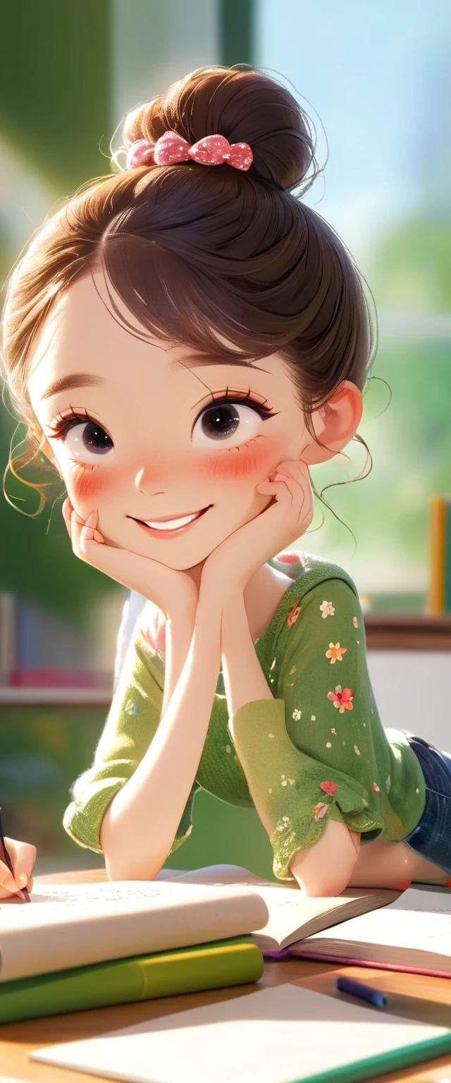 study room,Sitting on the desk and writing is cute,sunny, Laugh out loud,(masterpiece: 1.2) (Realistically: 1.2) (Bokeh) (Best quality) (detailed skin: 1.3) (8k) (Eyes Details) (sharp focus), (hapiness),Rough texture,Hand-drawn style