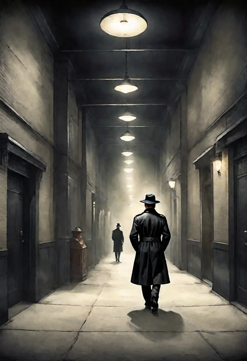 general plano, whole body. ((1920s gangster man in black trench coat and hat , back to camera, walking in a street corridor:1.5), dramatic midnight lighting:1.5, film composition, digital paint, movie lighting, boring color palette, moody atmosphere, High Definition, 8k.