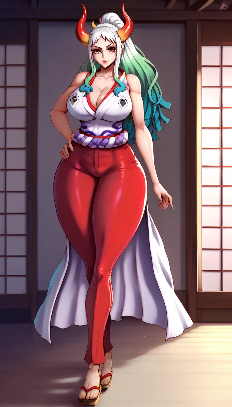 ((high aesthetic)), absurdres, absurd resolution, highly rated, highres, high resolution, best quality, masterpiece, full body, (facing viewer), standing, 1girl, ((solo)), indoors, clothed, perfect face, perfect eyes, tight outfit, smile, natural skin texture, 4k textures, hdr, intricate, highly detailed, puffy lips, thick lips, hyperdetailed, mature female, yamato\(one piece\),  cleavage, multicolored hair, white hair, green hair, oni horn ,colored horn, long hair, red eyes, sleeveless kimono, white kimono, red pants, skinny