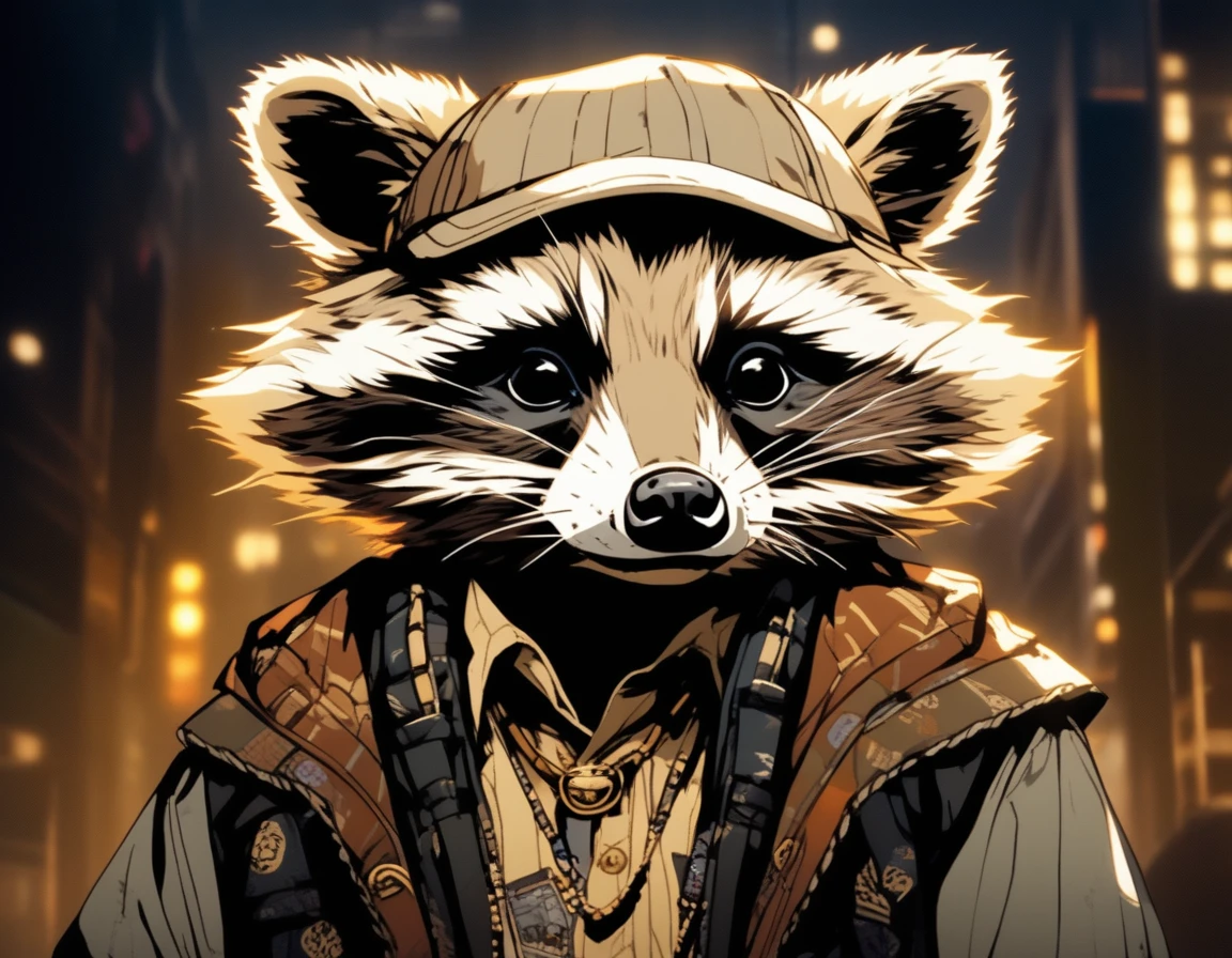 (masterpiece:1.2, Highest quality), (Live Action, Intricate details),Hip Hop Style.To Anthropomorphic raccoon dog