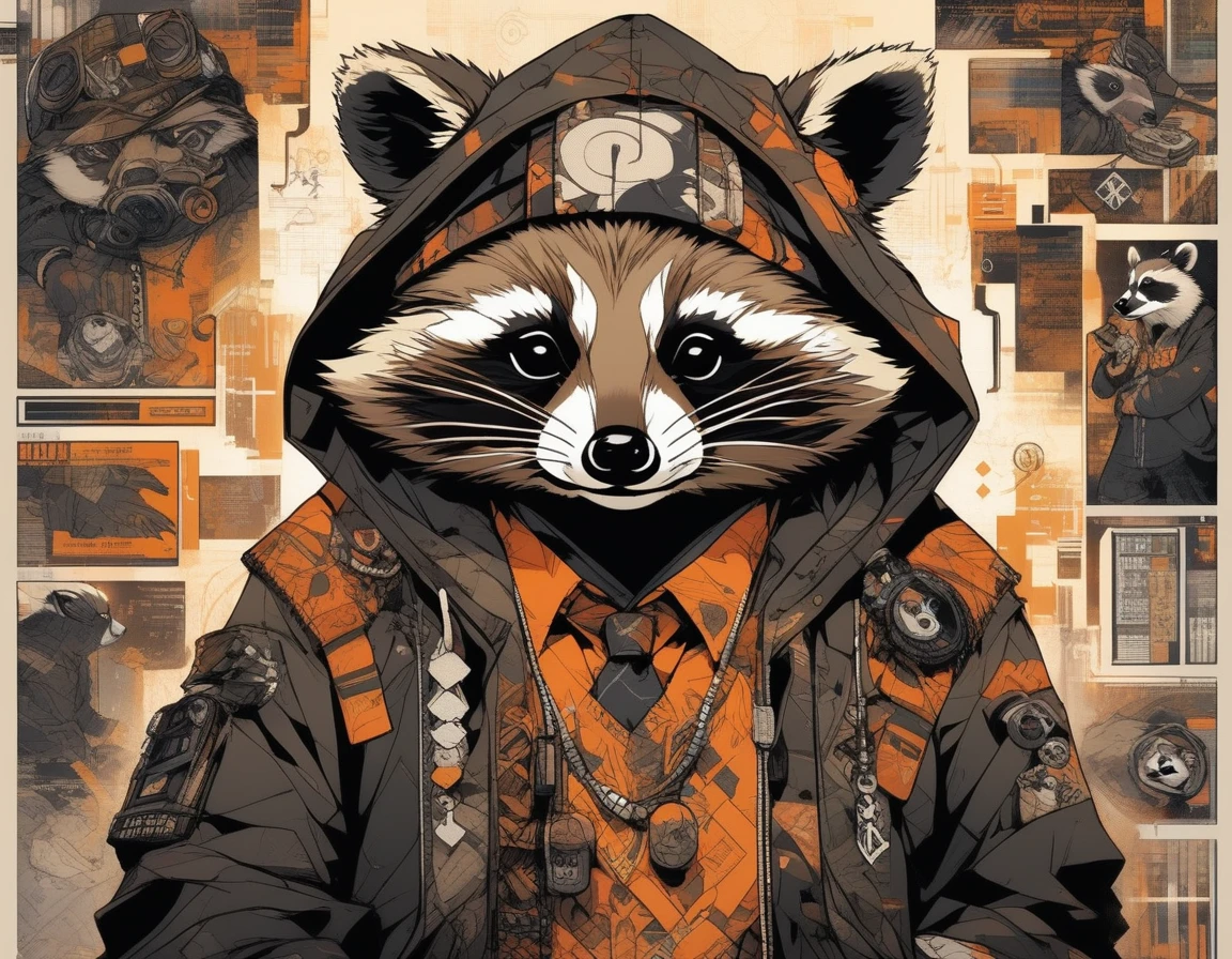 (masterpiece:1.2, Highest quality), (Live Action, Intricate details),Hip Hop Style.To　Anthropomorphic raccoon dog