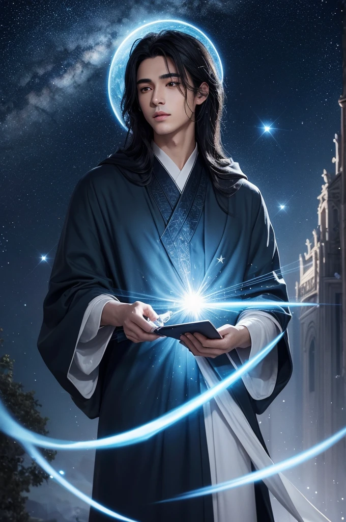 Lykanos, the heavenly scholar, is described as a young man of ethereal beauty, with black hair that shines like the night sky and deep eyes that reflect the shine of the stars. Always dressed in robes reminiscent of the starry night, he carries a magic telescope, emanating wisdom and serenity.