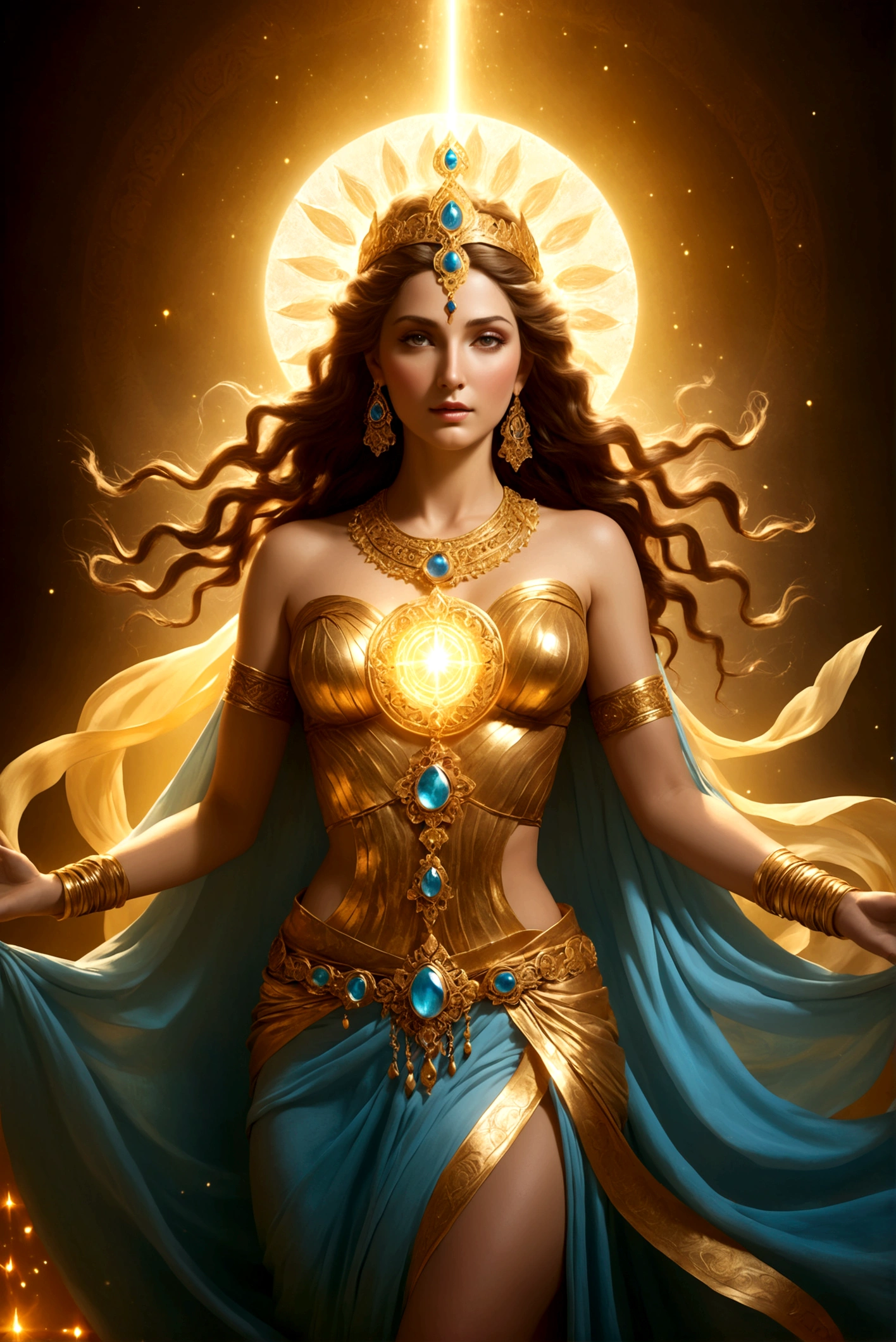Goddess Themis of Cosmic Justice, olhos vendados com um pano branco, Biomechanicals, incrivel, assustador, pesadelo, cores muito brilhantes, light particles, com luz brilhante, Mshiff, Arte do papel de parede, papel de parede uhd