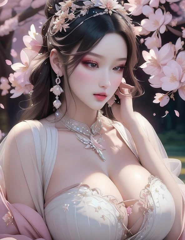 Ultra-realistic 8k CG, picture-Perfect face, Flawless, Clean, masterpiece, Professional artwork, Famous Artworks, Movie Lighting, Bloom, Perfect face, Pretty Face, fantasy, Like a dream, illusory, Science fiction, Lace, Lace trim, Lace-trimmed legwear, (rich:1.4), prestige, luxurious, Jewelry, diamond, Kaneko, pearl, gem, 蓝gem, 红gem, emerald, Intricate details, Exquisite pattern, charming, Tempting, Tempting, , enchanting, Hair accessories, neckLace, earrings, bracelet, armband,Halo(((Full and soft breasts,)))(((Huge breasts))) (((Cleavage)))
((,1 Girl, Throw,)) , ((((1 Girl, Solitary, ,Cherry blossoms,outdoor, ))))