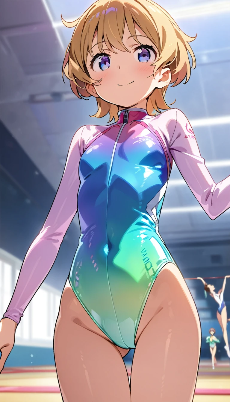 highquality illustration, masterpiece, very delicate and beautiful, attractive girl,(gymnastics leotard, Floral patterns leotard,long sleeve leotard with glittery decoration,high_leg leotard,athletic leotard,tight-fit leotard,iridescent gradient leotard),thin,slender body,slim,high school,gymnasium background,gymnastics club,gymnastics athlete,princess, beautiful eyes,light smile,(masterpiece, best quality:1.2), highres, extremely detailed CG unity 8k wallpaper, perfect lighting, Colourful, ultra-high res,4K,ultra-detailed, photography, 8K, HDR,  ages, 