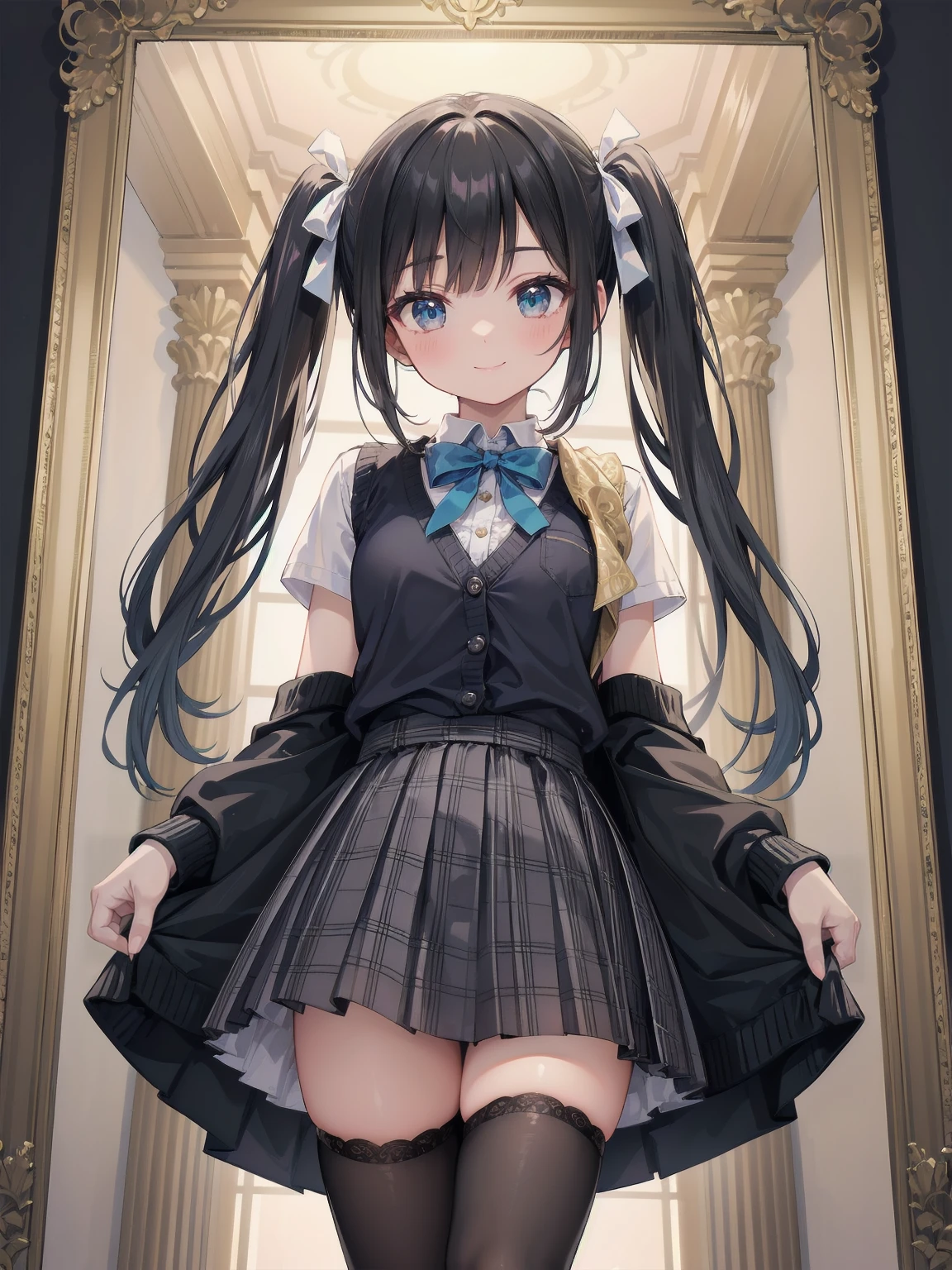 A lavish, photorealistic illustration of Soro, a charming 19th-century maiden, exudes elegance in a masterfully crafted scene. Framed by a ornate, gilded archway, she stands poised, her twintails adorned with sparkling bows, her cardigan vest and short-sleeved shirt perfectly complementing her plaid skirt. Over black legwear, her loafers add a touch of whimsy. A radiant smile spreads across her face, her eyes sparkling like diamonds in the soft, golden light. Every detail, from the intricate lace trim to the delicate folds of her garments, is meticulously rendered by a master illustrator's hand, Dynamic angle shooting by Spielberg、Audrey Hepburn&#39;s acting instruction: Dynamic poses