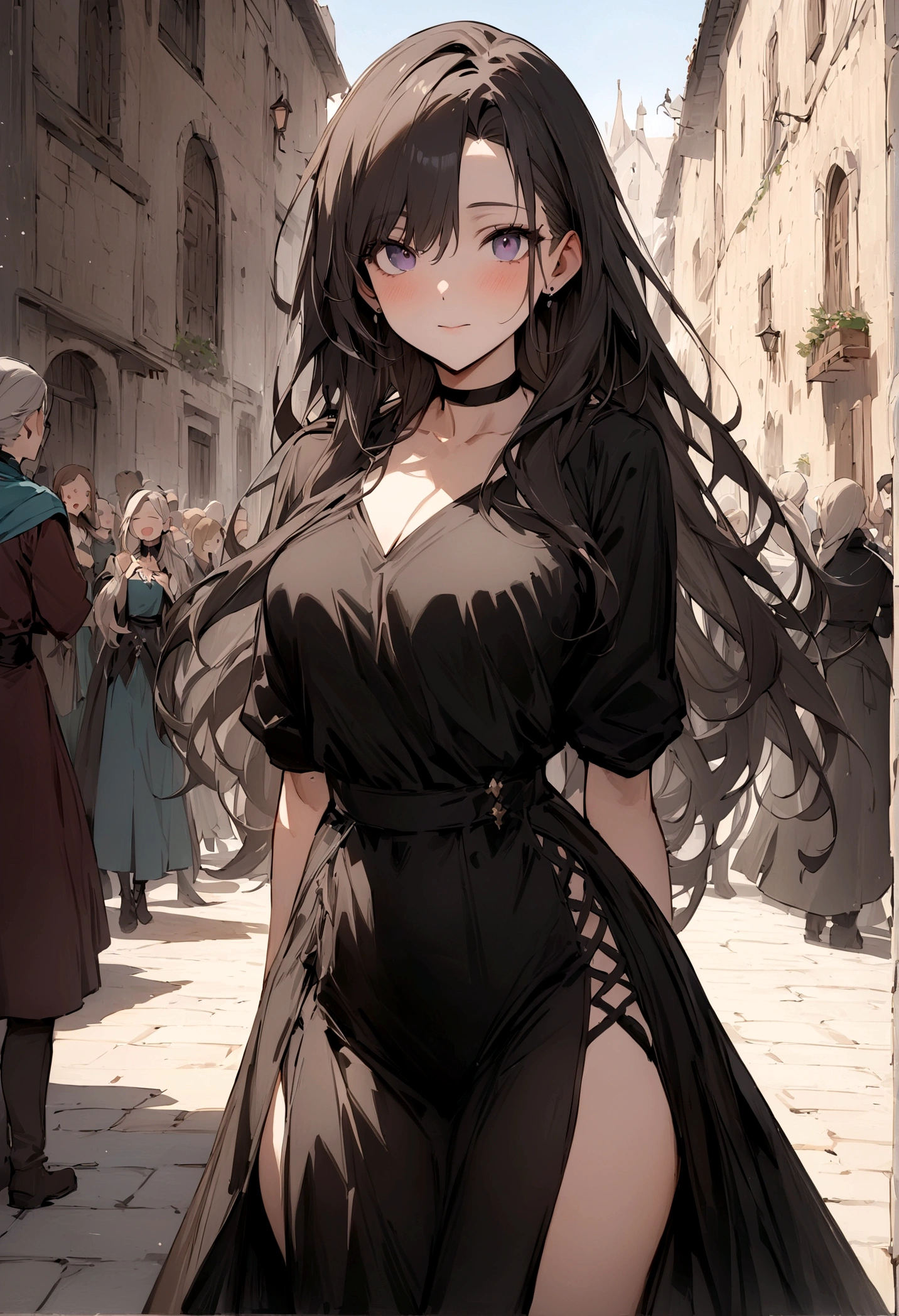(masterpiece:1.4), (Best quality:1.4), (high resolution:1.4), , Anna's Arendelle, , surprise, Long hair, , Looking at the audience,, black tunic,outdoor,
