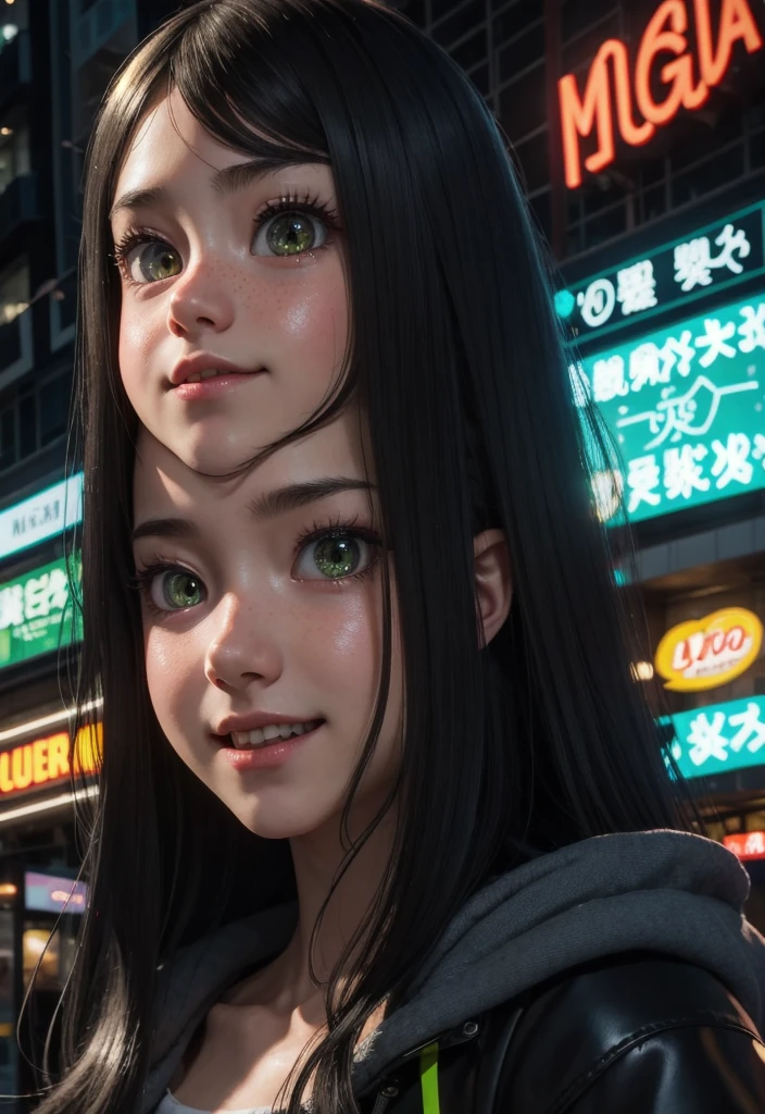 masterpiece, best quality, half body, portrait, night city, 1girl, anime, 3D, Japan, pixar, realistic,  girl, smiling, cute face, harajuku fashion style, rain coat, beautiful, colourful, neon lights, cyberpunk, smooth skin, illustration, artstation, painting by stanley artgerm lau, sideways glance, foreshortening, extremely detailed 8K, smooth, high resolution, ultra quality, highly detail eyes, highly detail mouth, highly detailed face, perfect eyes, both eyes are the same, true light, glare, Iridescent, Global illumination, long straight hair movement, Big Breasts:1.7, real light, real shadow, real face, hd, 2k, 4k, 8k, 16k, realistic light, realistic shadow, bright Eyes, fluorescent eyes, soft light, dream light