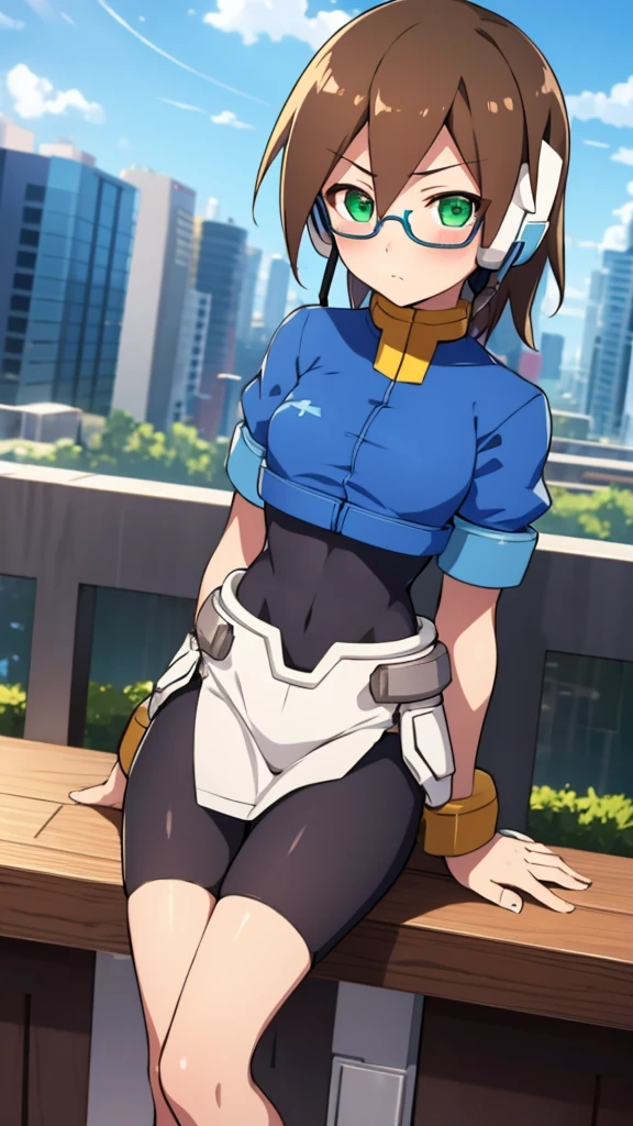 Aile_Megamanzx, 1 Girl, looking at viewer, Brown hair, Green eyes, Sky background , Blushed , Leaning on a table , Glasses , gaming clothes, gaming headphones, Cat Cosplay, black micro bikini