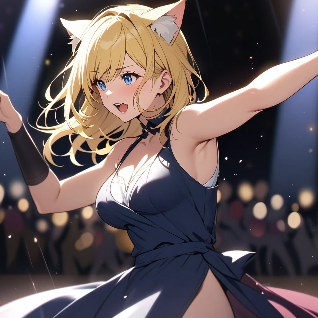 Girl, yellow hair, cat ears, blue eyes, beautiful, mature, small dancing and singing