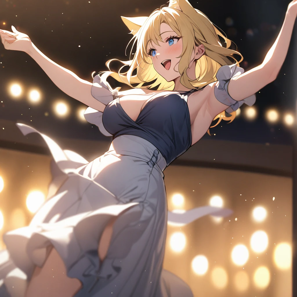 Girl, yellow hair, cat ears, blue eyes, beautiful, mature, small dancing and singing
