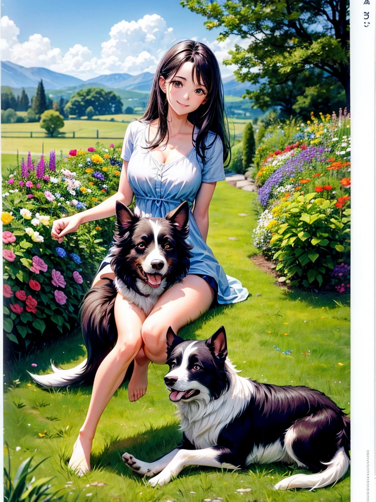 Highest Resolution,Highest quality,Smiling woman and border collie looking at camera,whole body,garden,