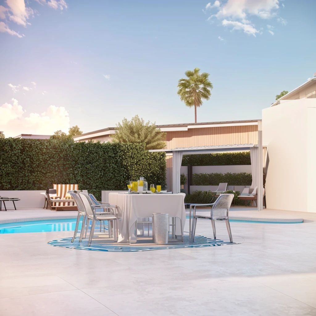 There is a table and chairs near the swimming pool in the backyard, highly Photographic Rendering, Perspective 3d Octane rendering, Professional Rendering, High-quality rendering, High-quality rendering, Accurate architectural rendering, Photographic Rendering, High quality 3D rendering, High quality 3D rendering, Realistic rendering, Realistic rendering, Next to the pool