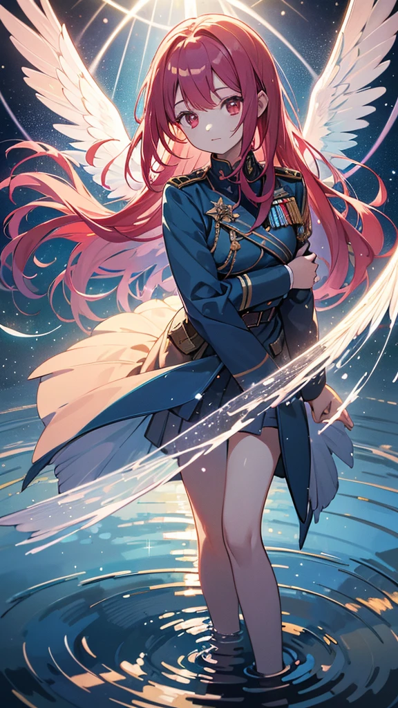 a beautiful young girl with blue angelic wings spread out like stained glass, piercing red eyes, translucent hair color, military-style uniform, standing on water with ripples spreading out, shimmering light particles, rays of light, soft bokeh, overall high quality, extremely detailed, masterpiece