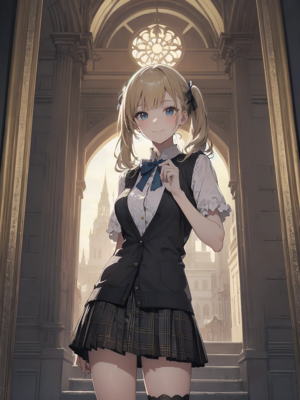 A lavish, photorealistic illustration of Soro, a charming 19th-century maiden, exudes elegance in a masterfully crafted scene. Framed by a ornate, gilded archway, she stands poised, her twintails adorned with sparkling bows, her cardigan vest and short-sleeved shirt perfectly complementing her plaid skirt. Over black legwear, her loafers add a touch of whimsy. A radiant smile spreads across her face, her eyes sparkling like diamonds in the soft, golden light. Every detail, from the intricate lace trim to the delicate folds of her garments, is meticulously rendered by a master illustrator's hand
